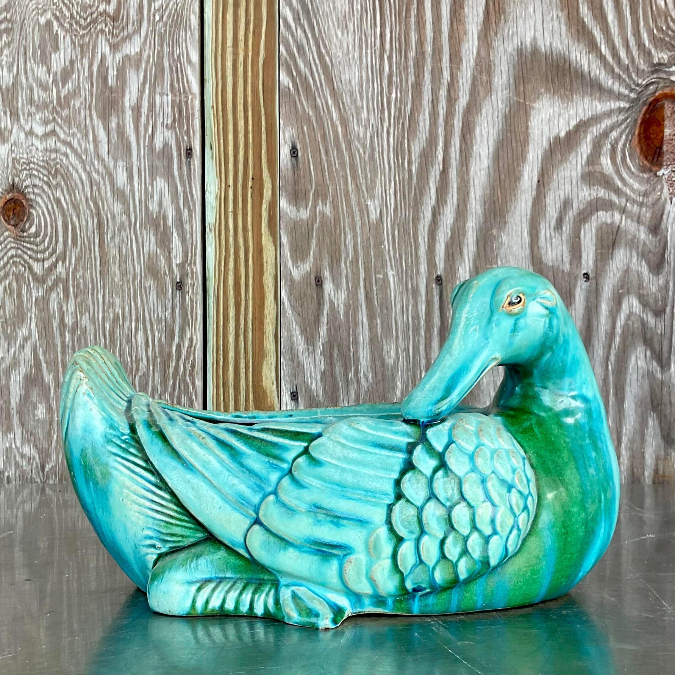 Mid-Century Modern Vintage Boho Glazed Ceramic Duck Planter For Sale