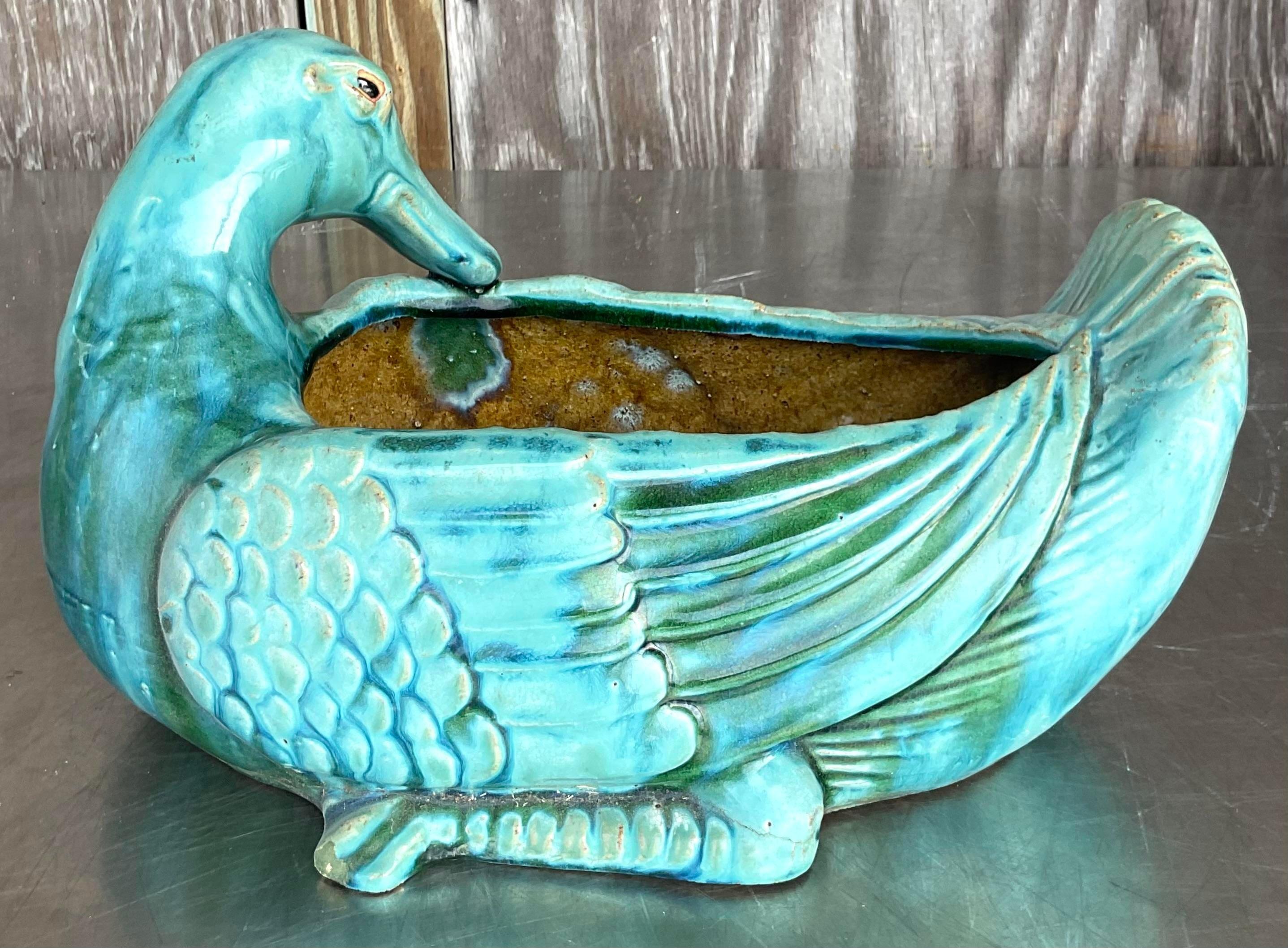 Chinese Vintage Boho Glazed Ceramic Duck Planter For Sale