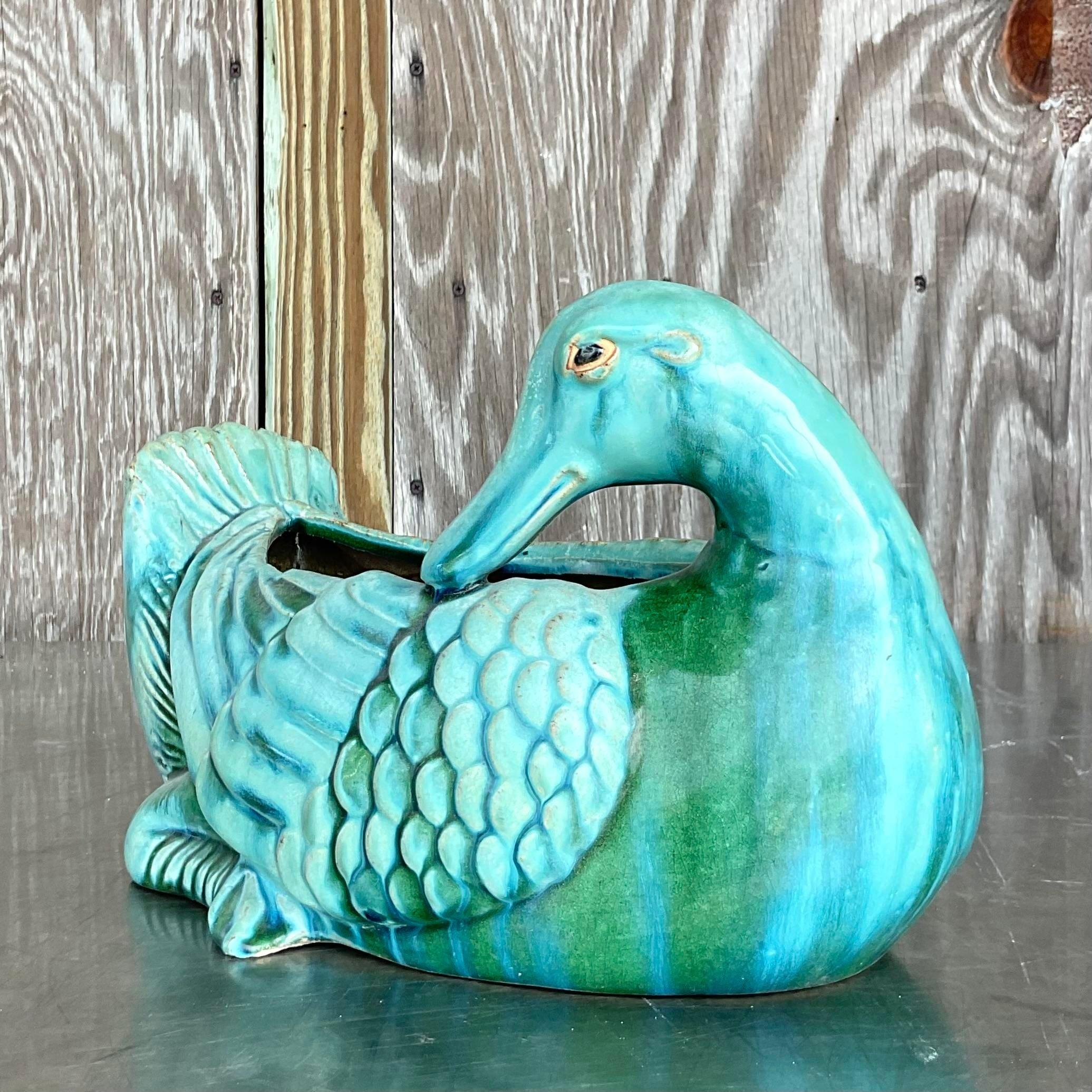 Vintage Boho Glazed Ceramic Duck Planter In Good Condition For Sale In west palm beach, FL