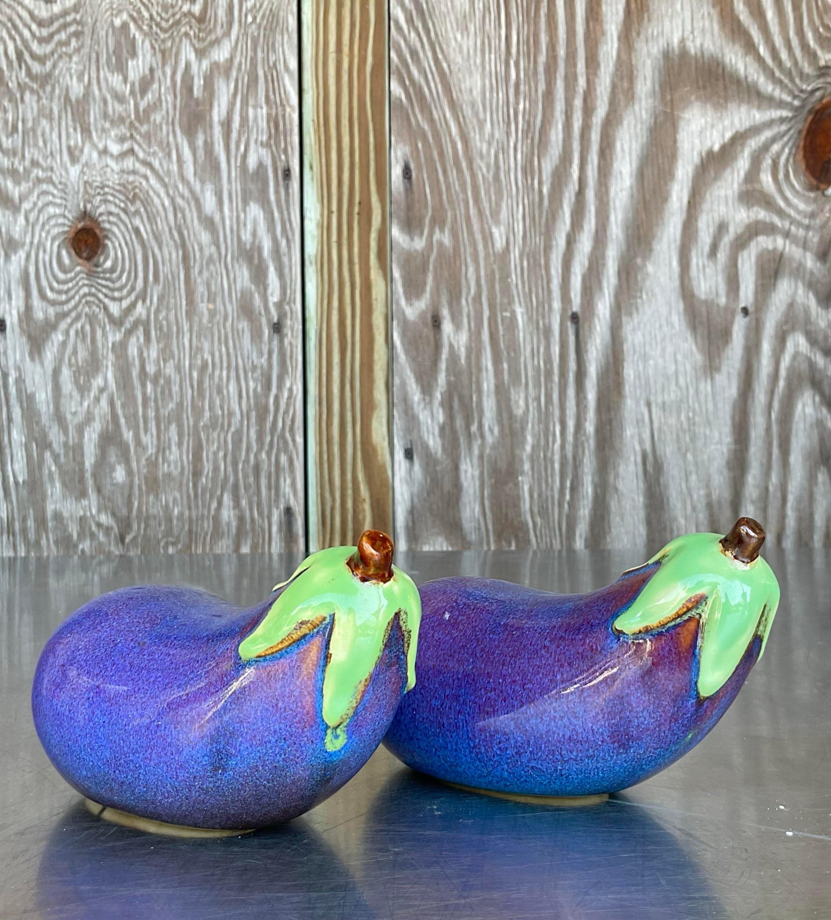 Melanzane vintage in ceramica smaltata Boho - una coppia in vendita 3