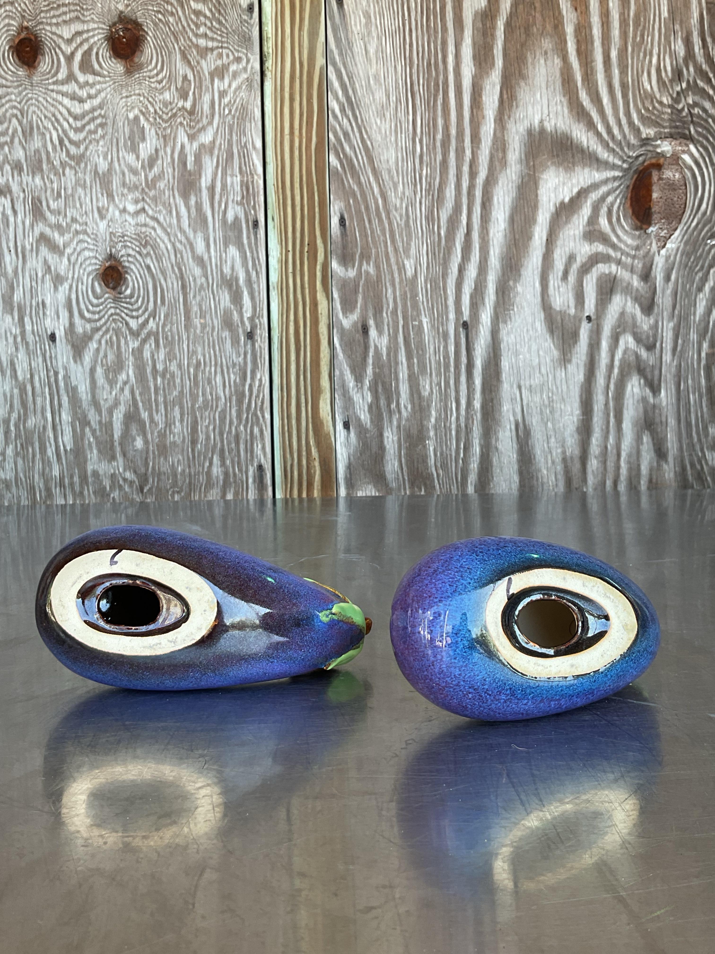 Mid-Century moderno Melanzane vintage in ceramica smaltata Boho - una coppia in vendita