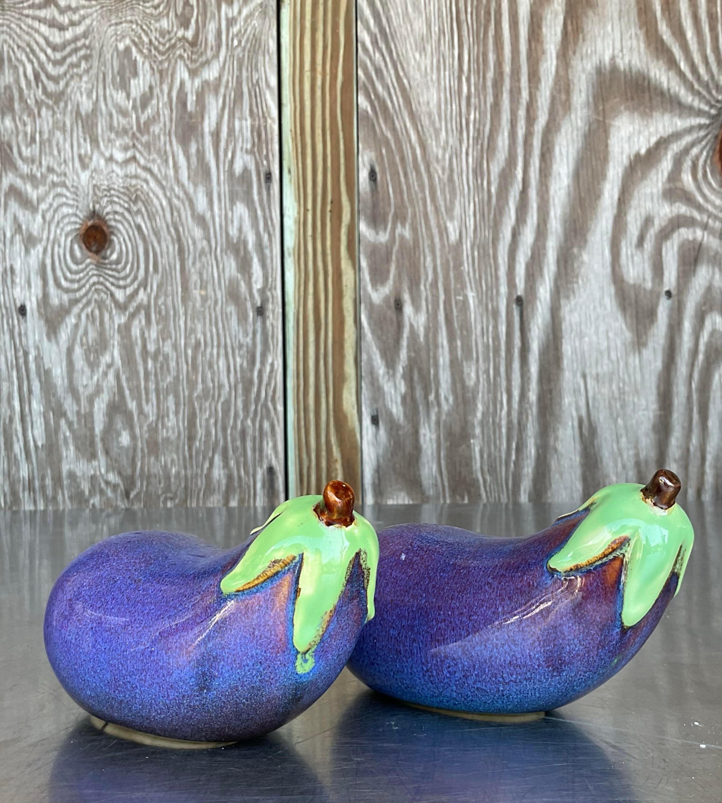 Ceramica Melanzane vintage in ceramica smaltata Boho - una coppia in vendita