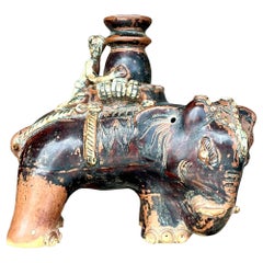 Vintage Boho Glazed Ceramic Elephant Candlestick
