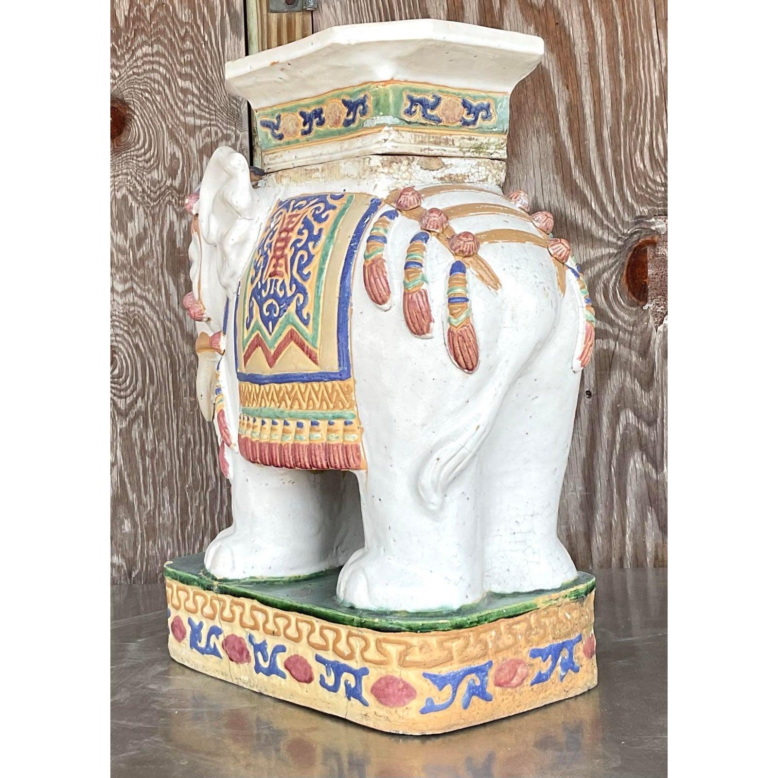 Ceramica Sgabello basso da giardino Elefante in ceramica smaltata vintage Boho in vendita