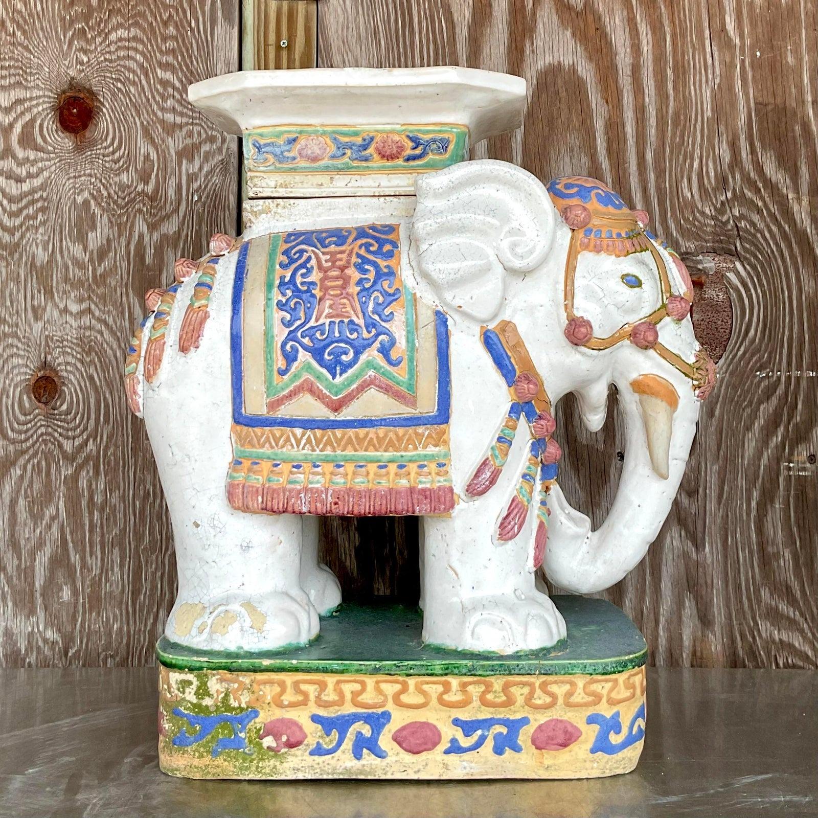 Sgabello basso da giardino Elefante in ceramica smaltata vintage Boho in vendita 2