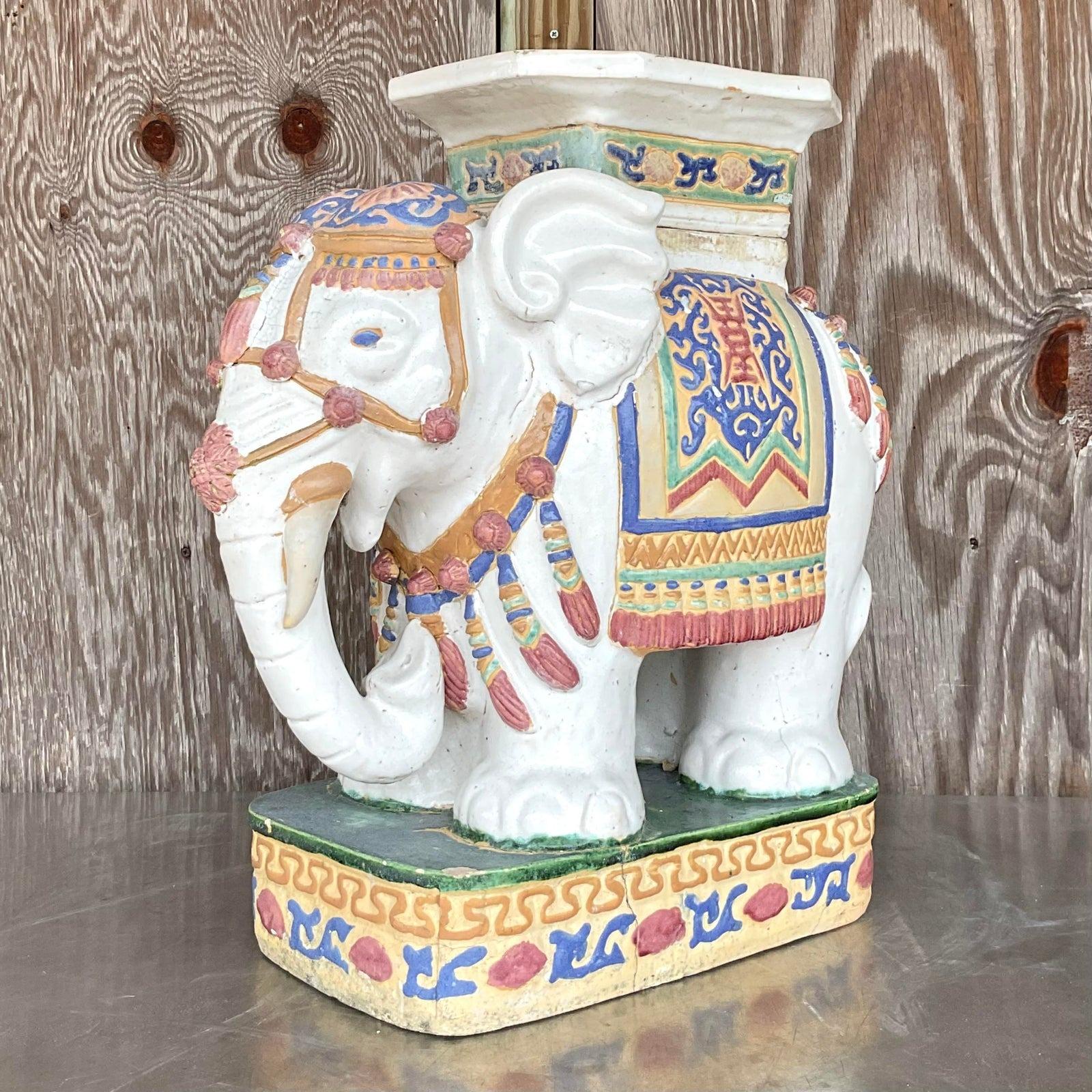 Sgabello basso da giardino Elefante in ceramica smaltata vintage Boho in vendita 3