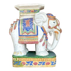 Vintage Boho Glazed Ceramic Elephant Garden Low Stool