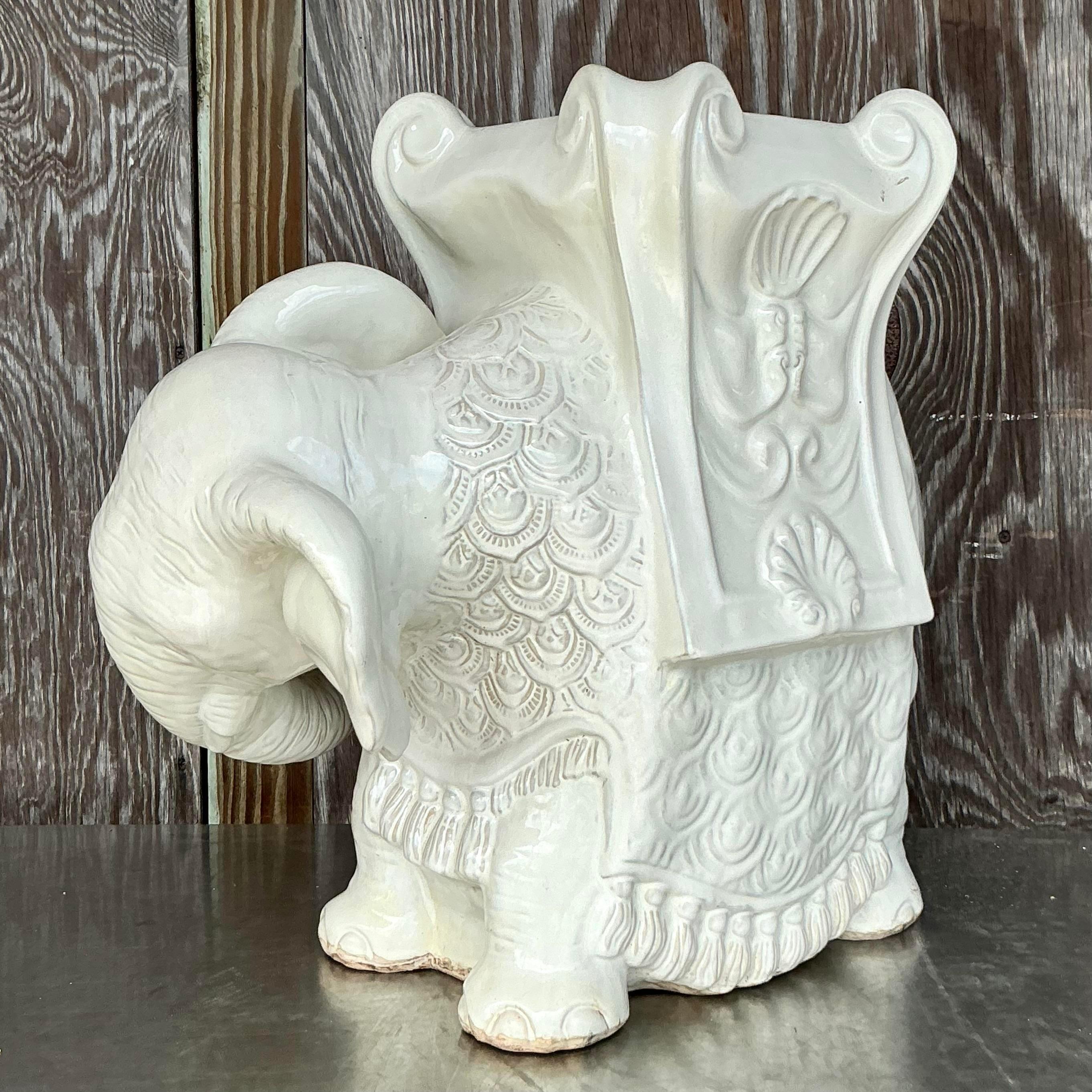 American Vintage Boho Glazed Ceramic Elephant Low Stool For Sale