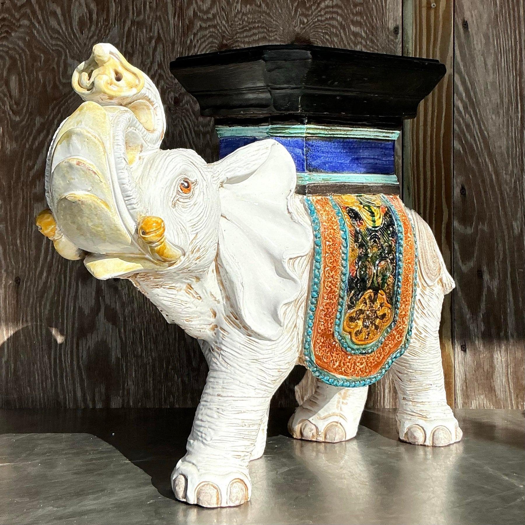 American Vintage Boho Glazed Ceramic Elephant Low Stool For Sale