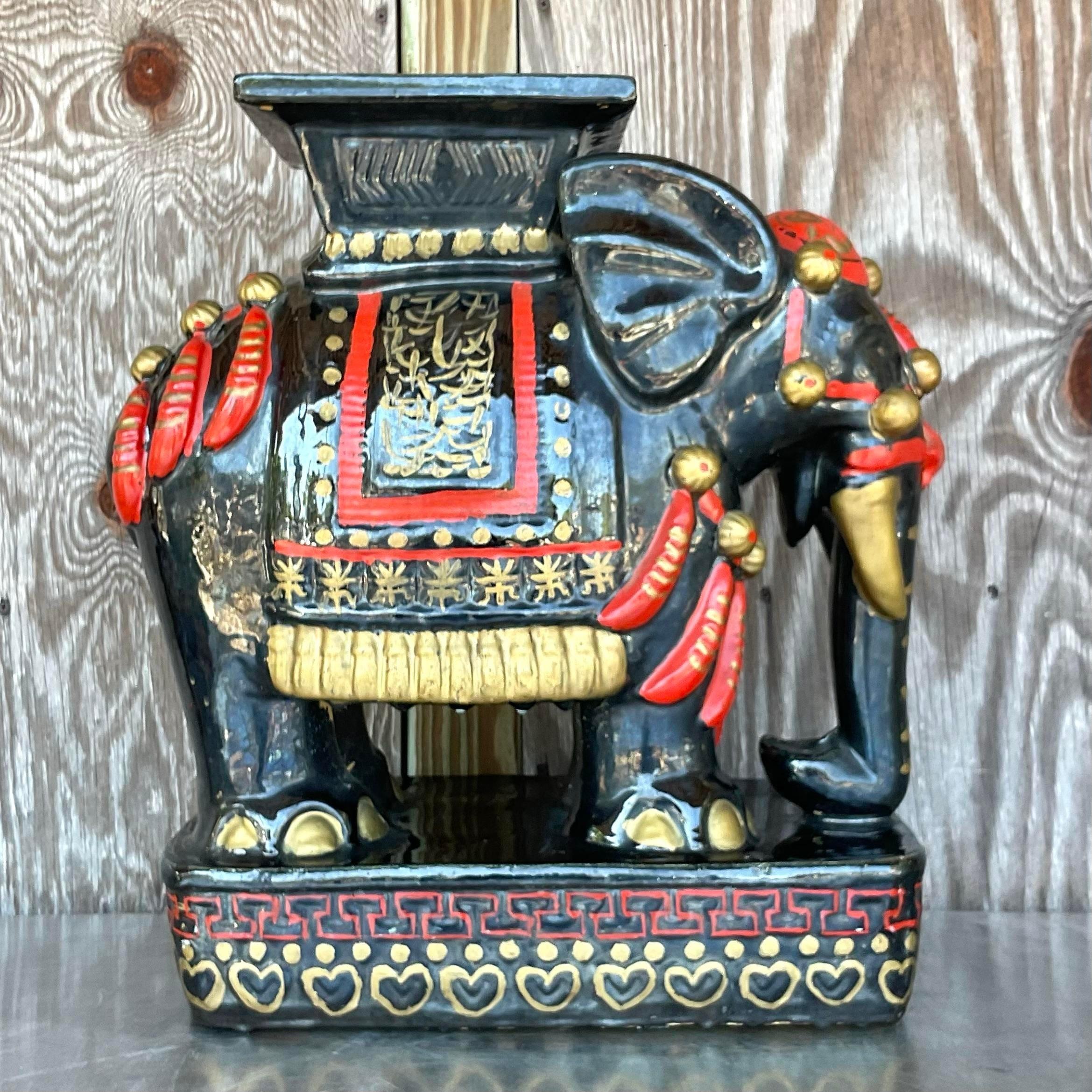 Vintage Boho Glazed Ceramic Elephant Low Stool In Good Condition For Sale In west palm beach, FL