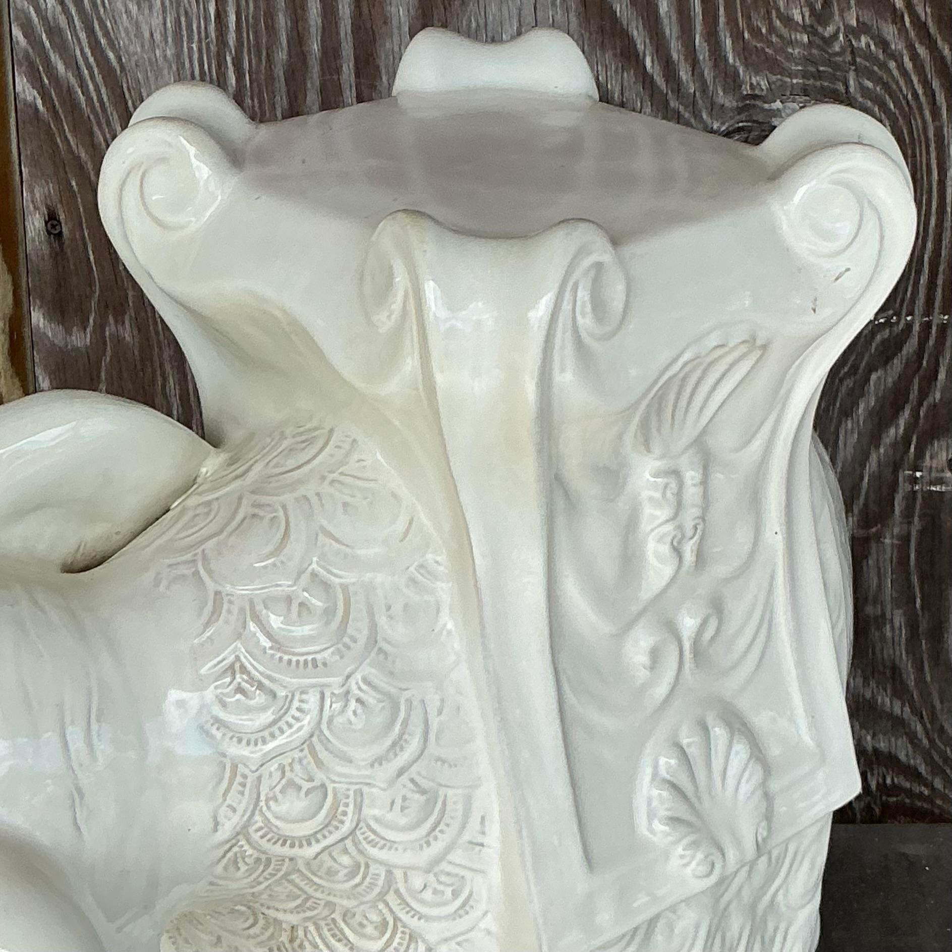 Vintage Boho Glazed Ceramic Elephant Low Stool In Good Condition For Sale In west palm beach, FL