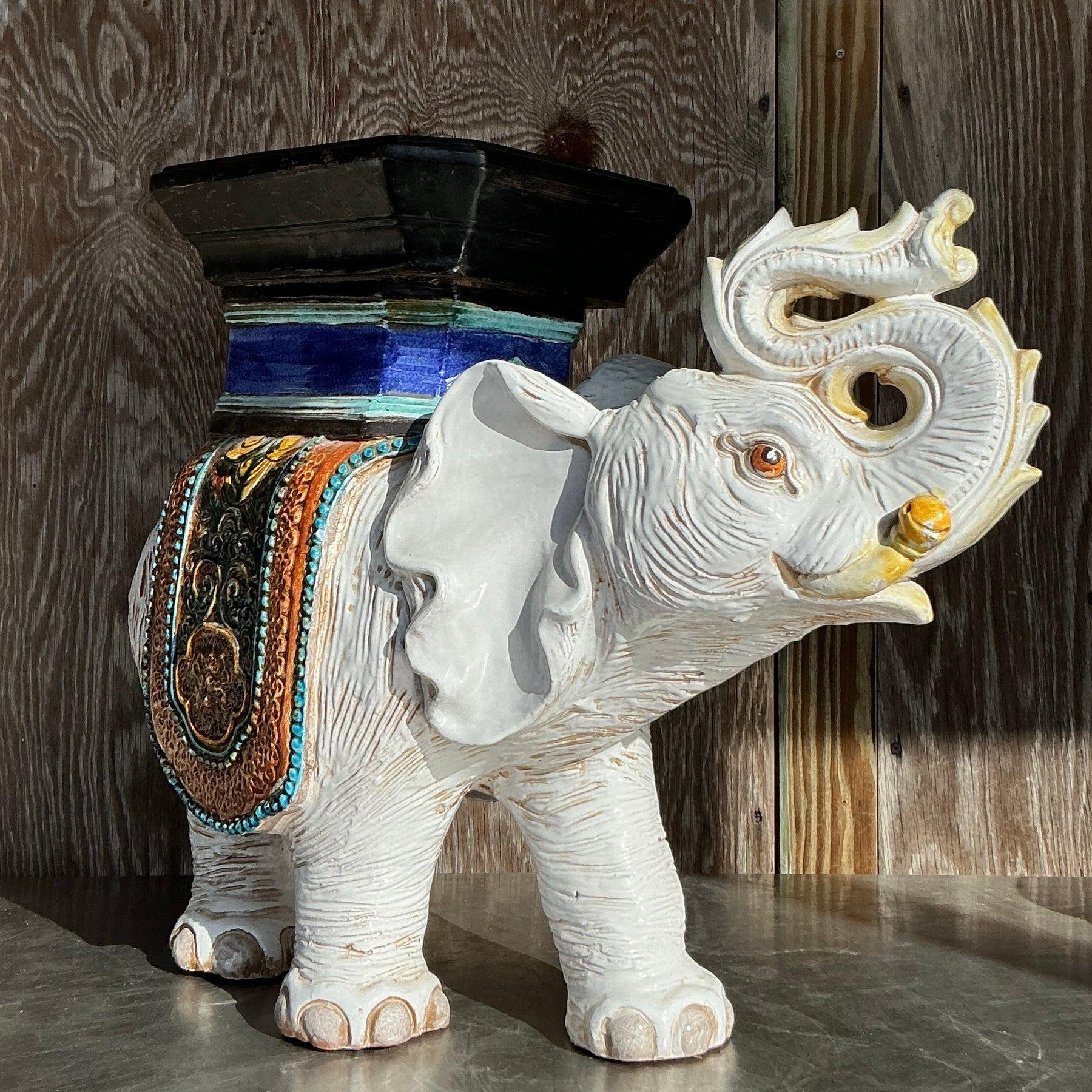 Vintage Boho Glazed Ceramic Elephant Low Stool In Good Condition For Sale In west palm beach, FL