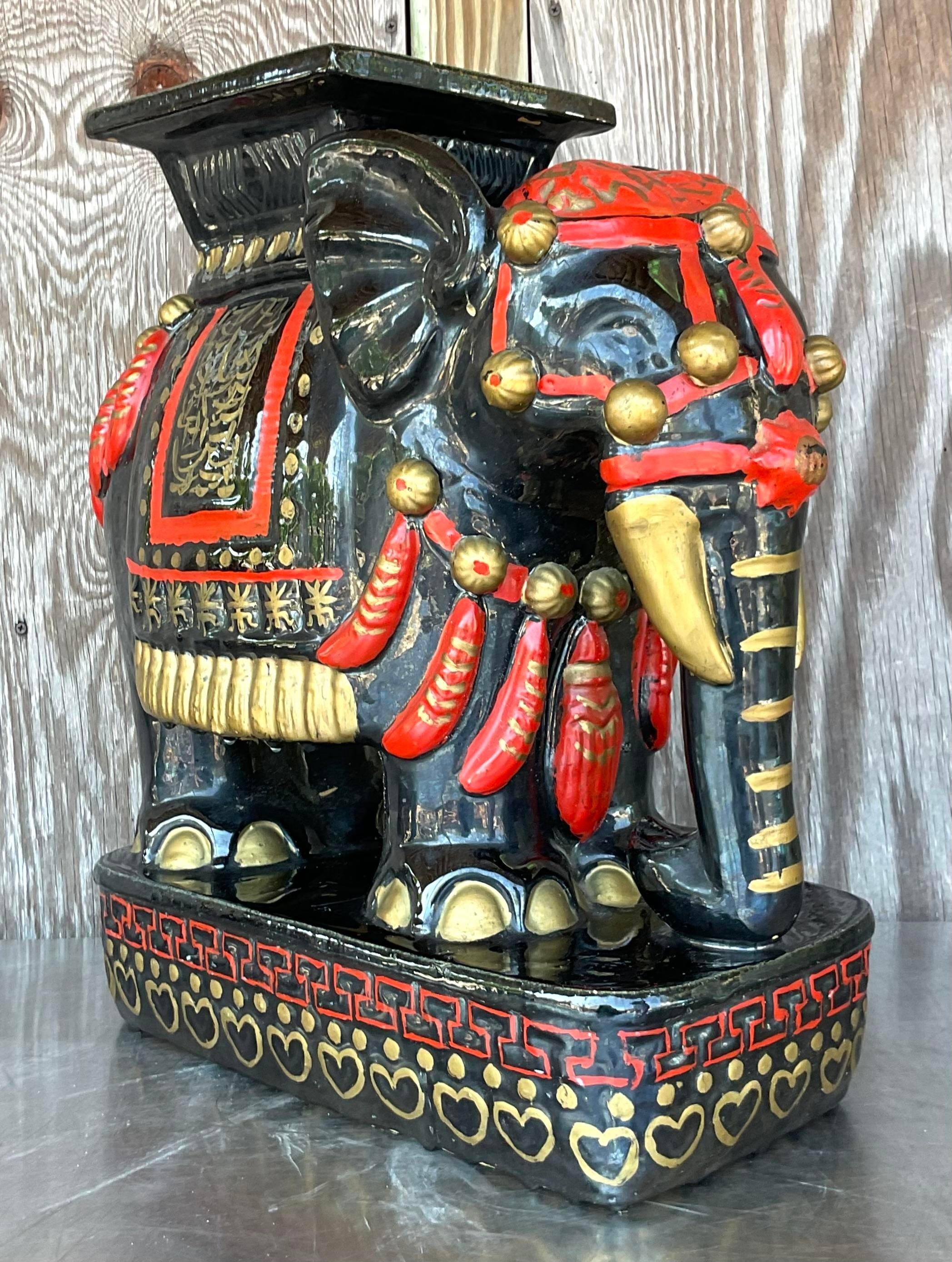 20th Century Vintage Boho Glazed Ceramic Elephant Low Stool For Sale