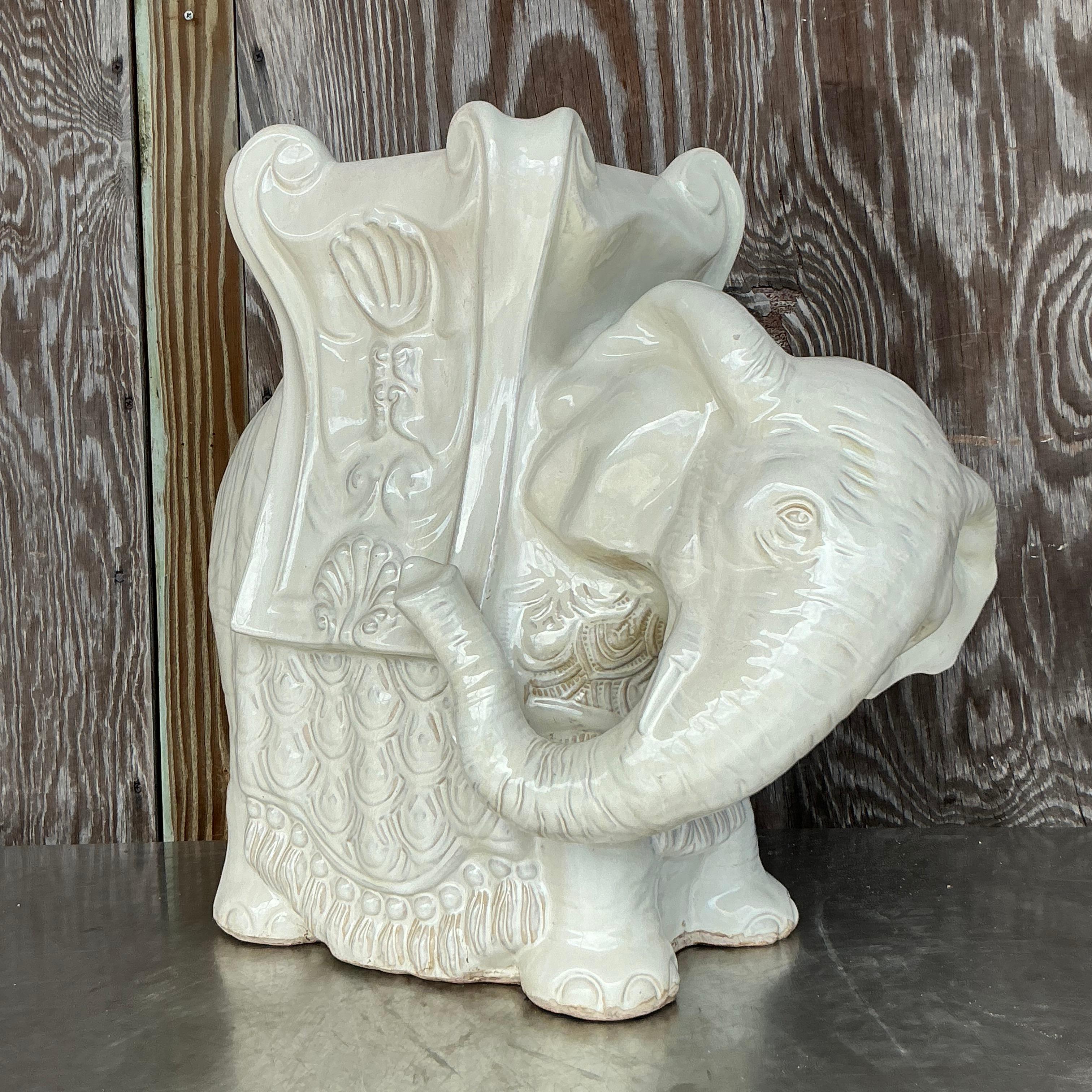 20th Century Vintage Boho Glazed Ceramic Elephant Low Stool For Sale