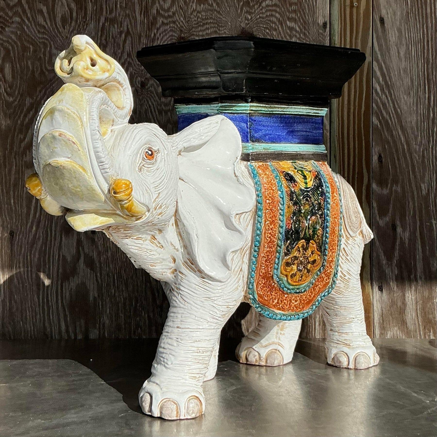 20th Century Vintage Boho Glazed Ceramic Elephant Low Stool For Sale