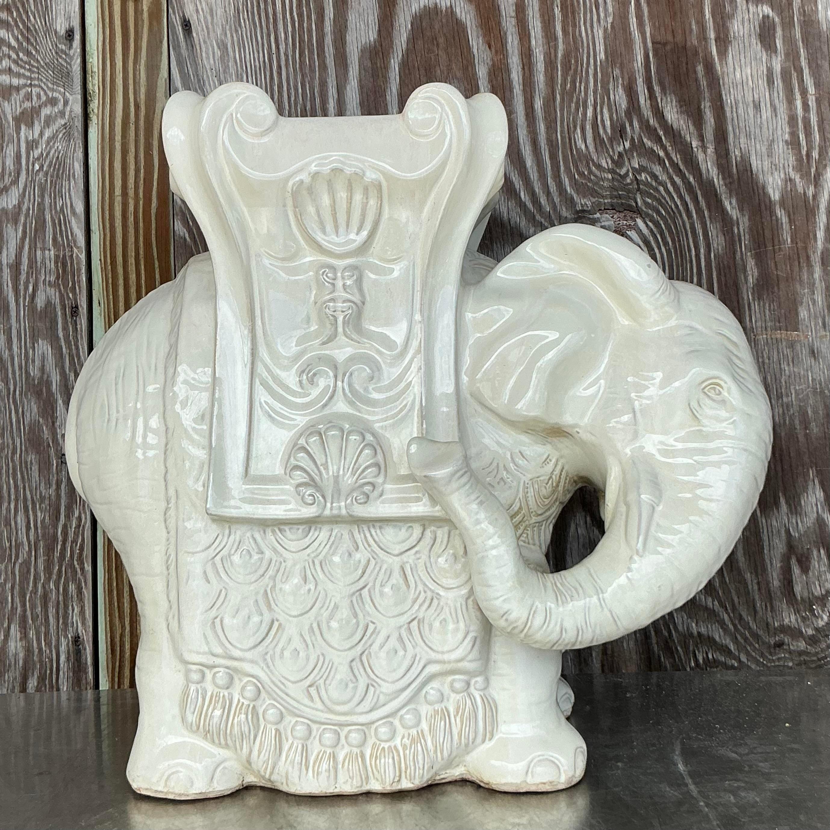 Vintage Boho Glazed Ceramic Elephant Low Stool For Sale 1