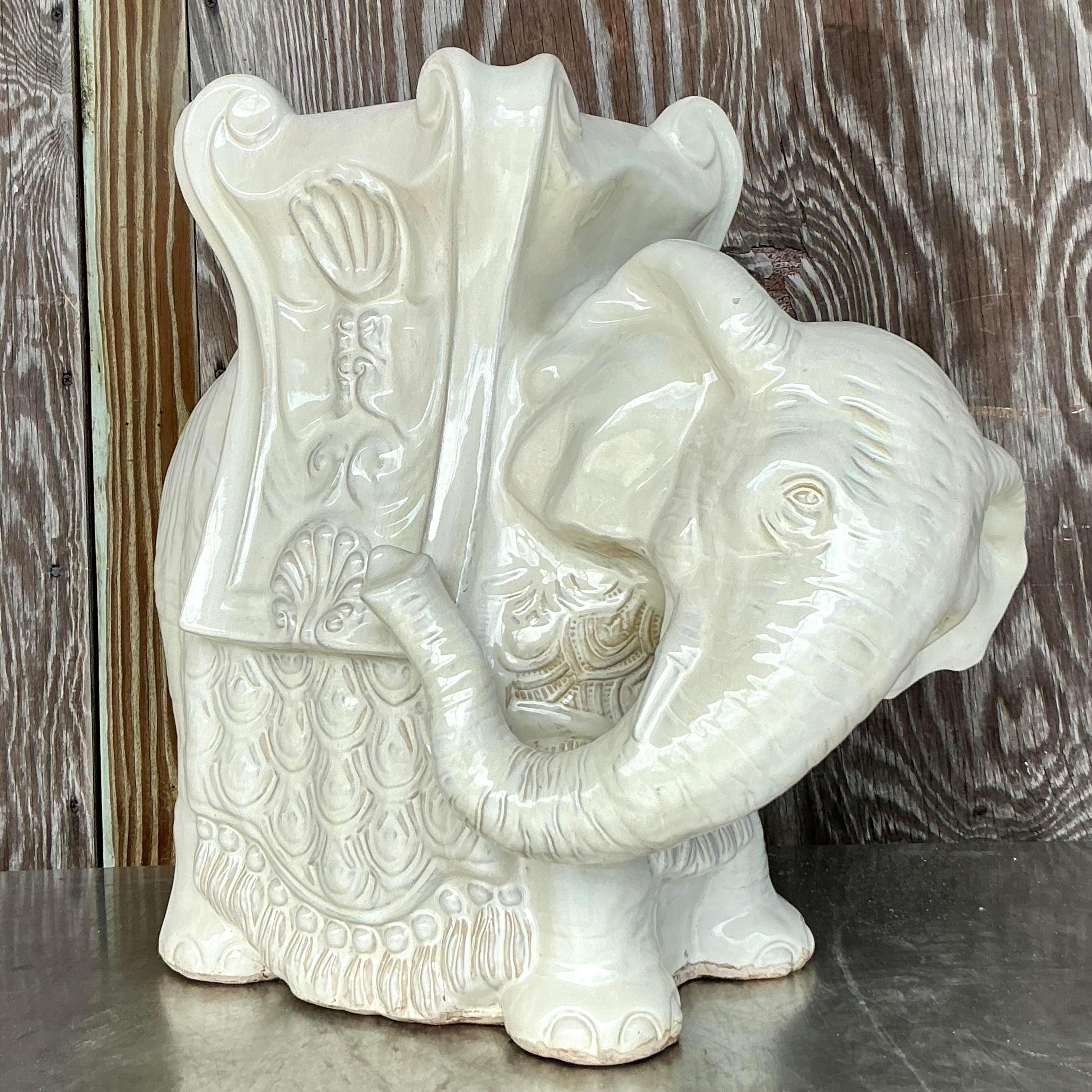 Vintage Boho Glazed Ceramic Elephant Low Stool For Sale 2