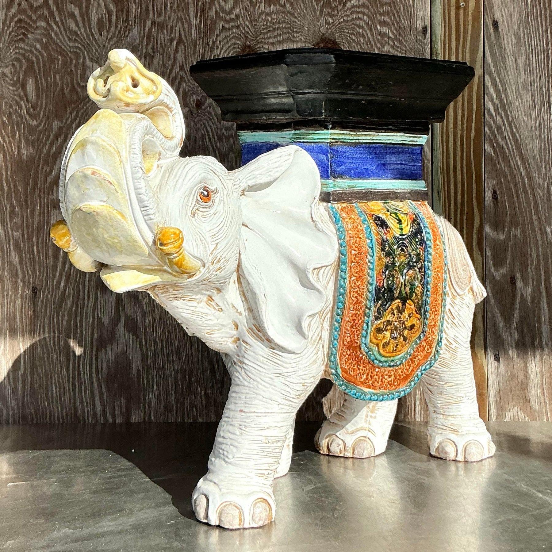 Vintage Boho Glazed Ceramic Elephant Low Stool For Sale 2