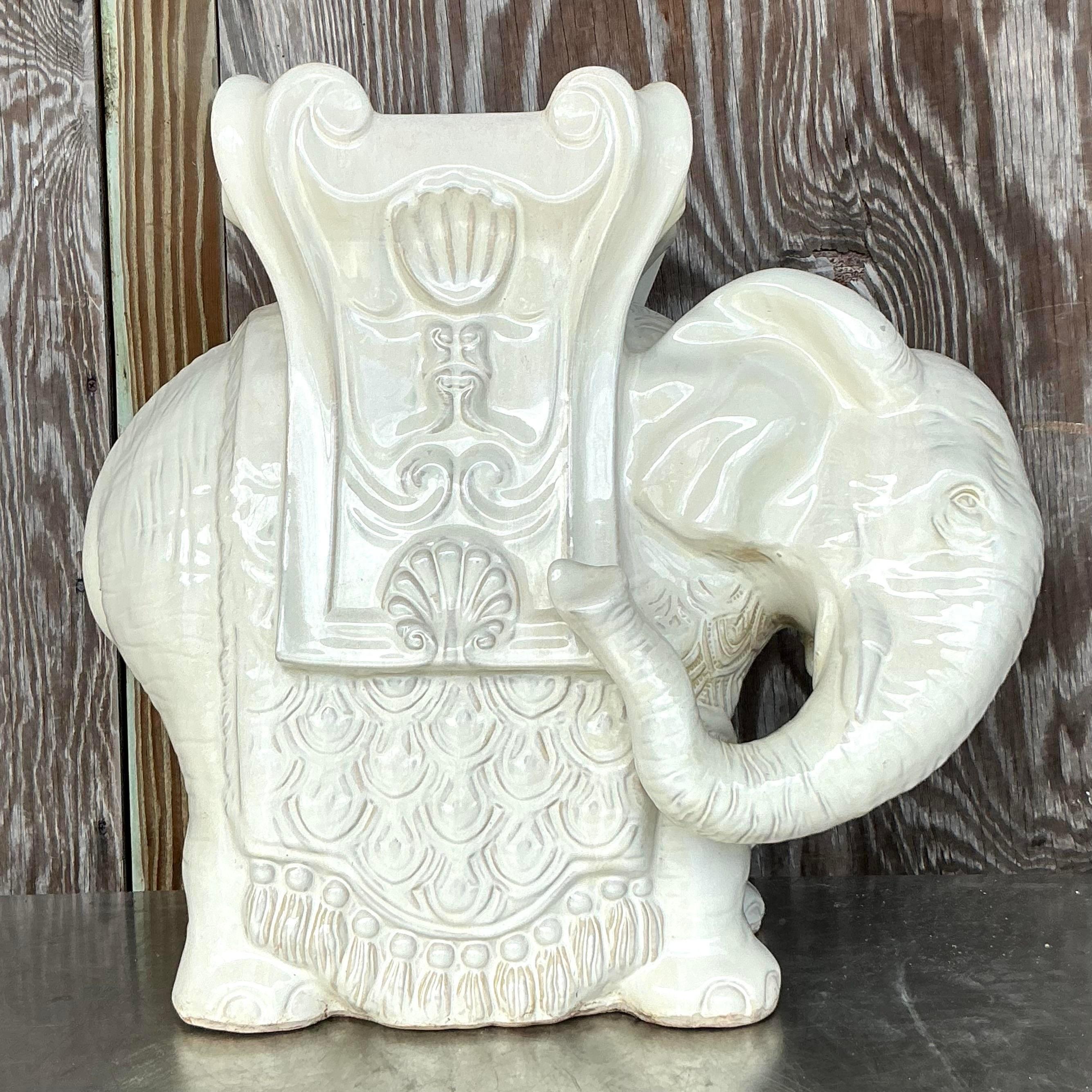 Vintage Boho Glazed Ceramic Elephant Low Stool For Sale 3