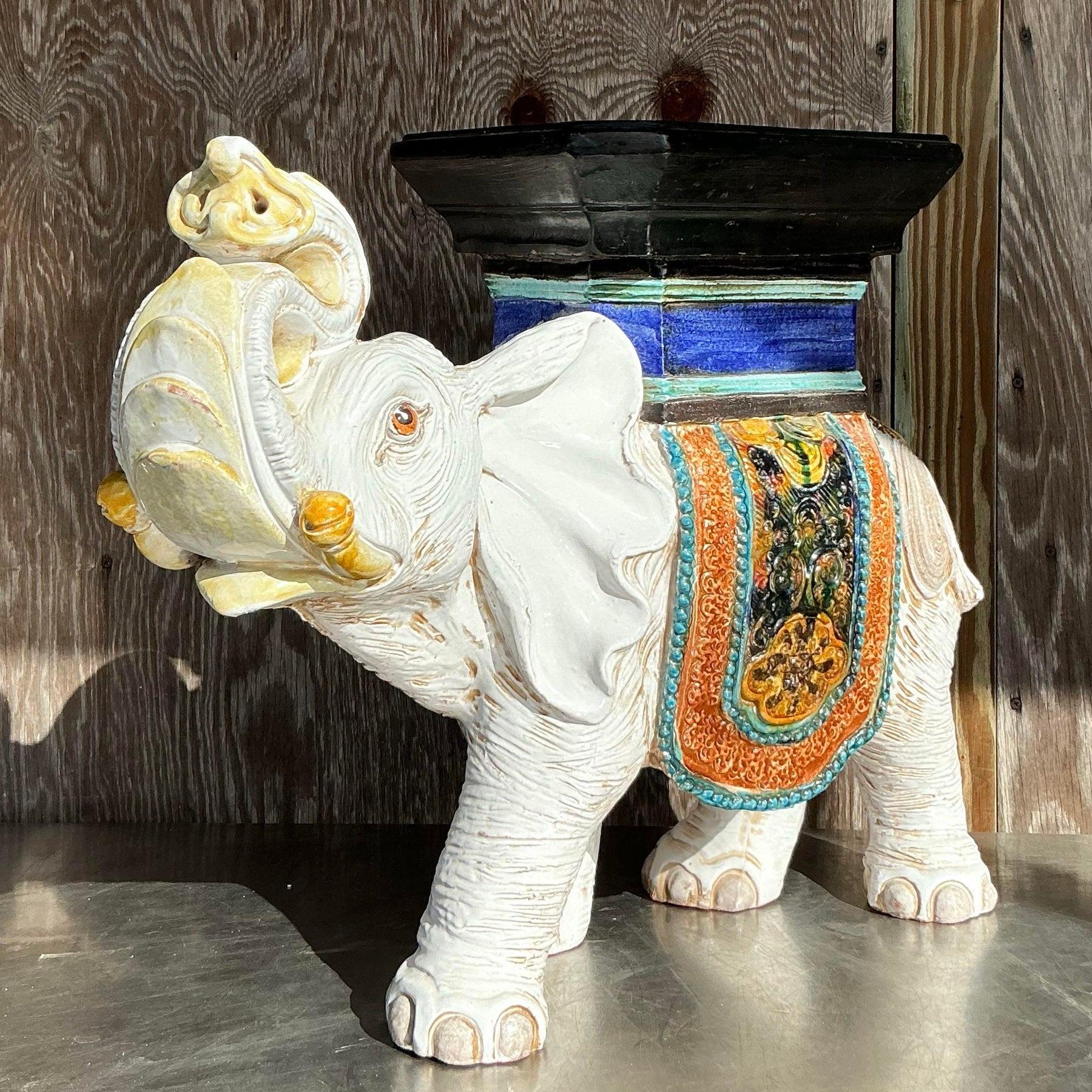 Vintage Boho Glazed Ceramic Elephant Low Stool For Sale 3