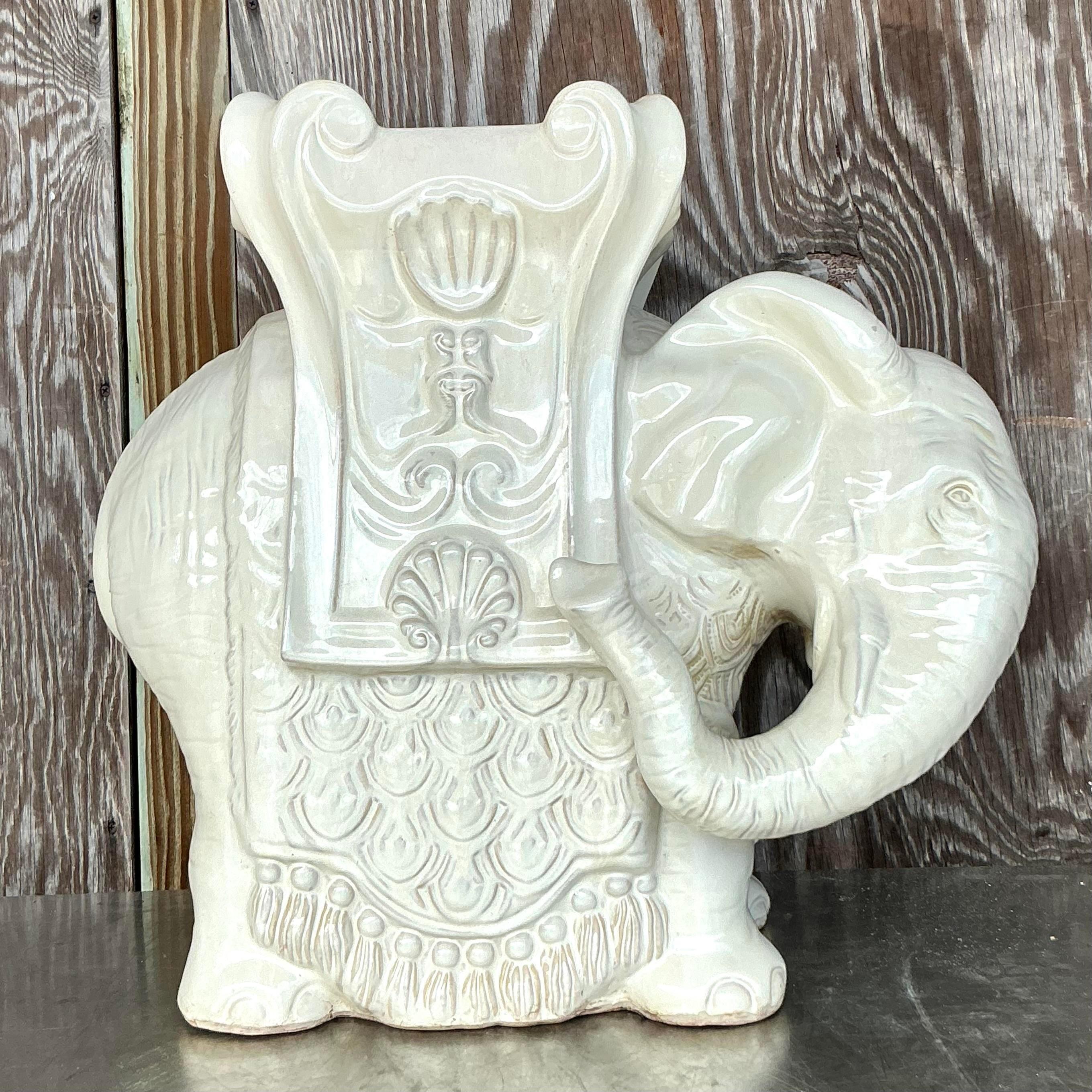 Vintage Boho Glazed Ceramic Elephant Low Stool For Sale 4
