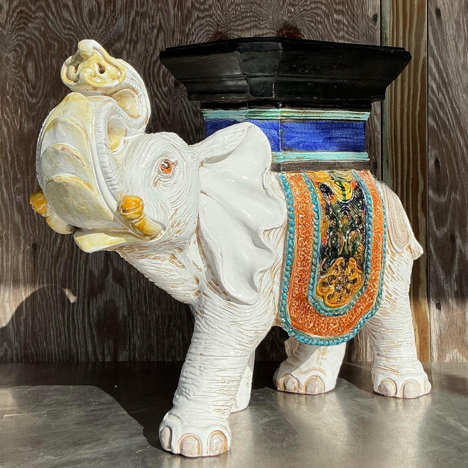 Vintage Boho Glazed Ceramic Elephant Low Stool For Sale 4