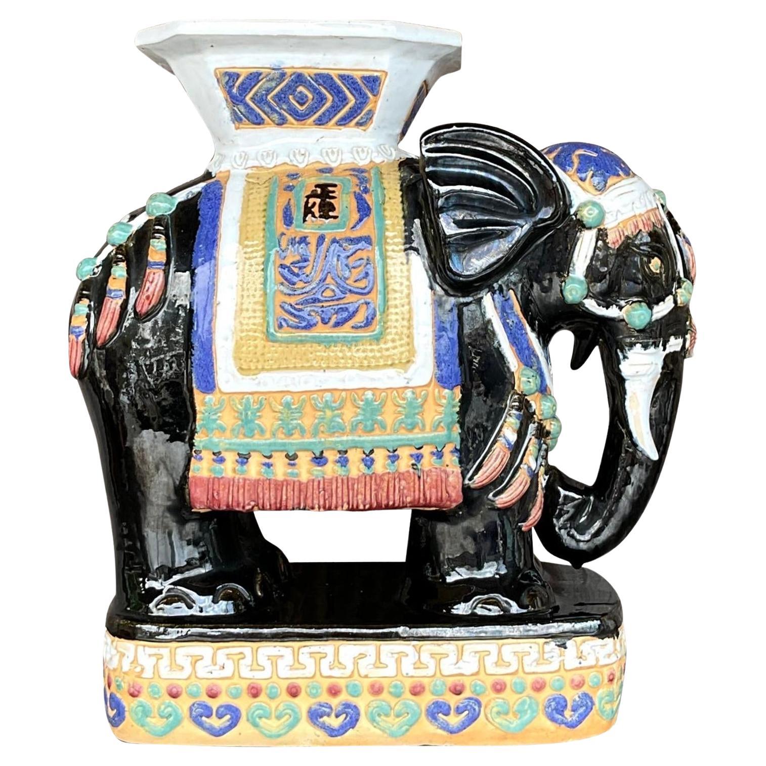 Vintage Boho Glazed Ceramic Elephant Low Stool