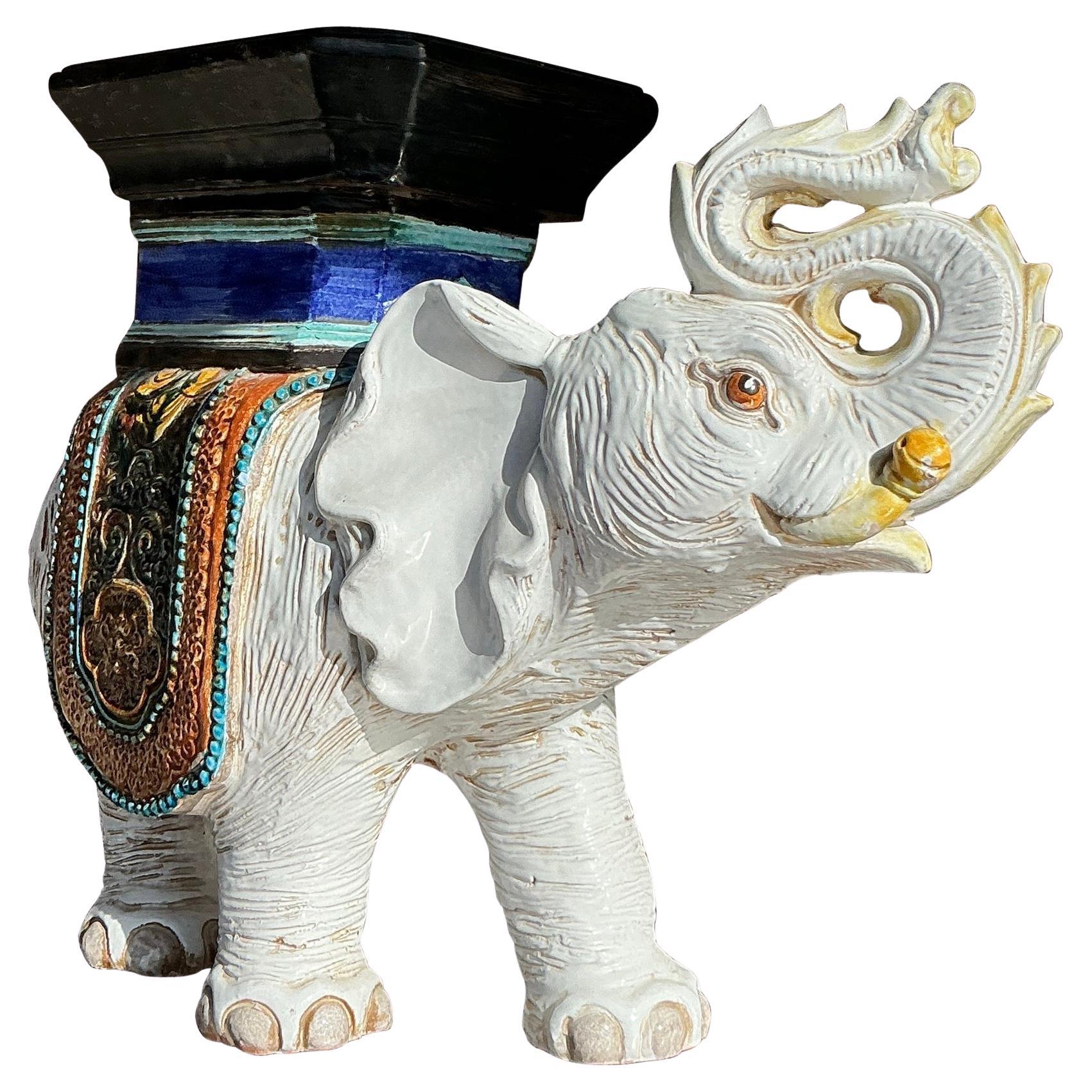 Tabouret bas éléphant bohème vintage en céramique émaillée