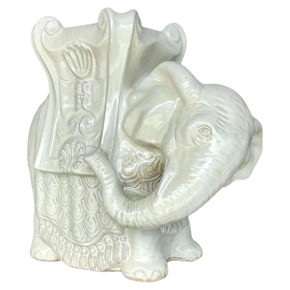 Vintage Boho Glazed Ceramic Elephant Low Stool For Sale