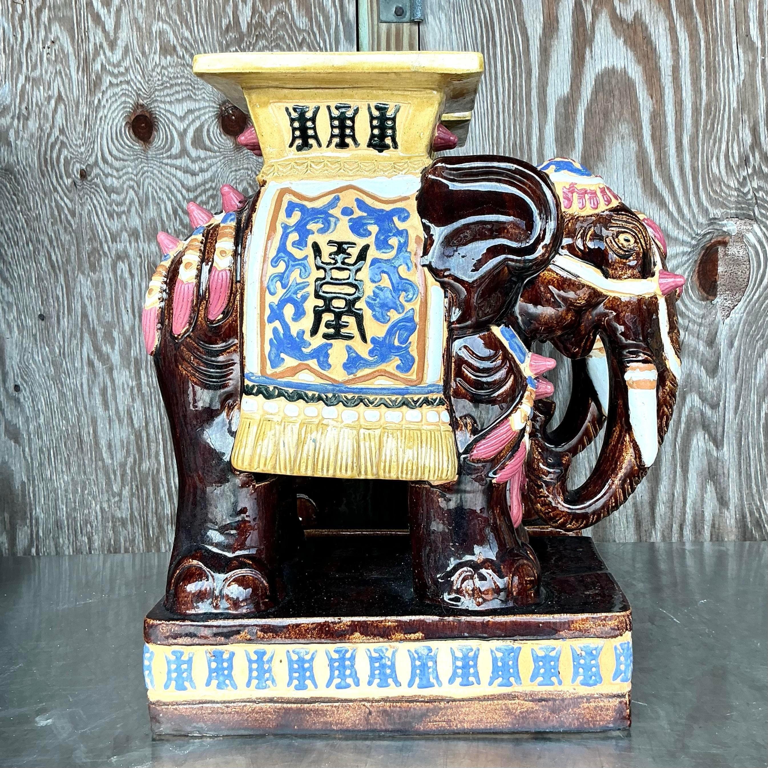 Paire de tabourets bas éléphants en céramique émaillée Boho Vintage en vente 5
