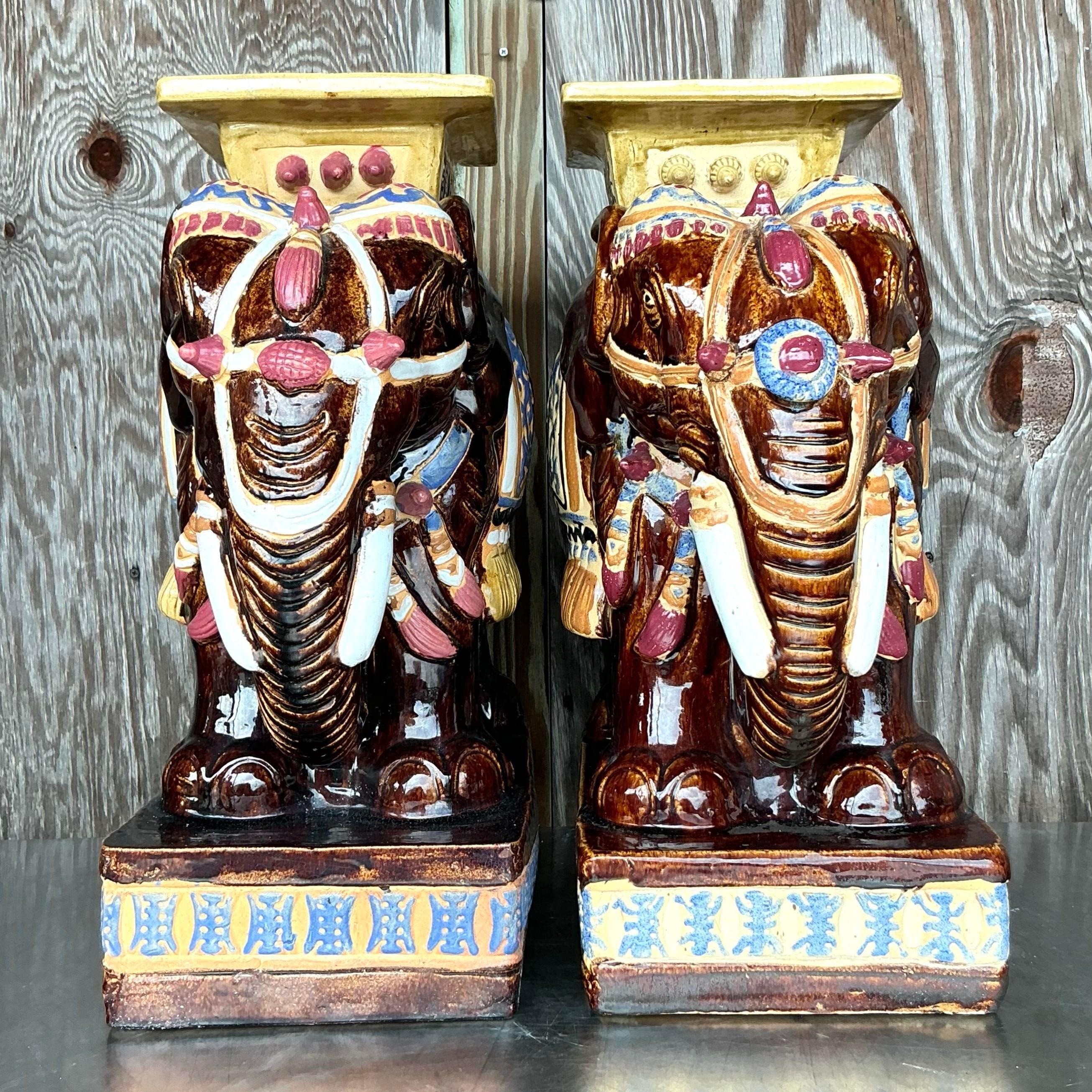 Paire de tabourets bas éléphants en céramique émaillée Boho Vintage en vente 6