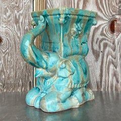 Vintage Boho Glazed Ceramic Elephant Planter
