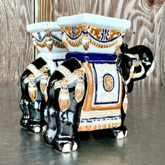 Vintage Boho Glazed Ceramic Elephant Planters - Set of 2