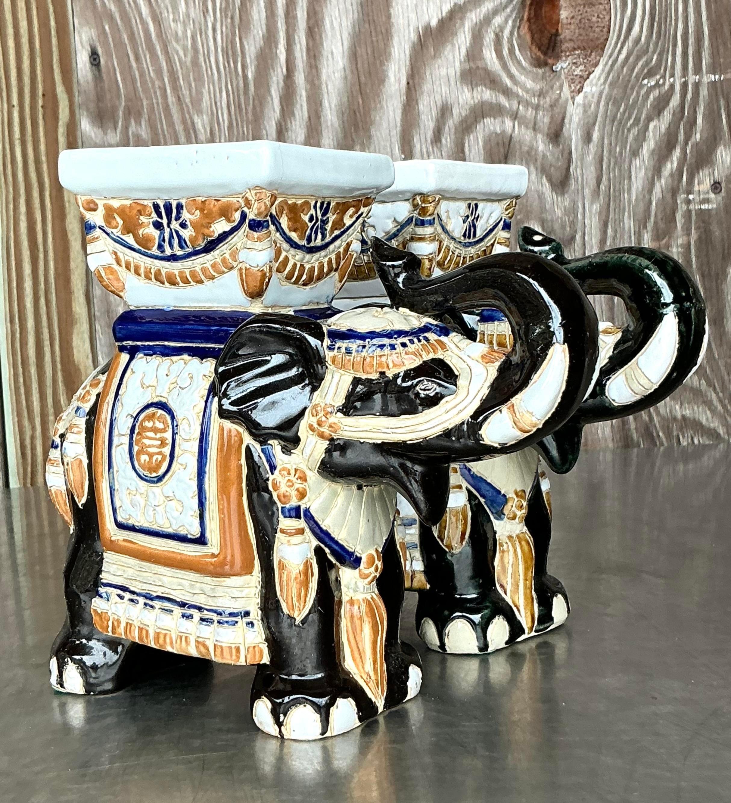 20ième siècle Jardinières éléphants vintage Boho en céramique émaillée - Lot de 2 en vente