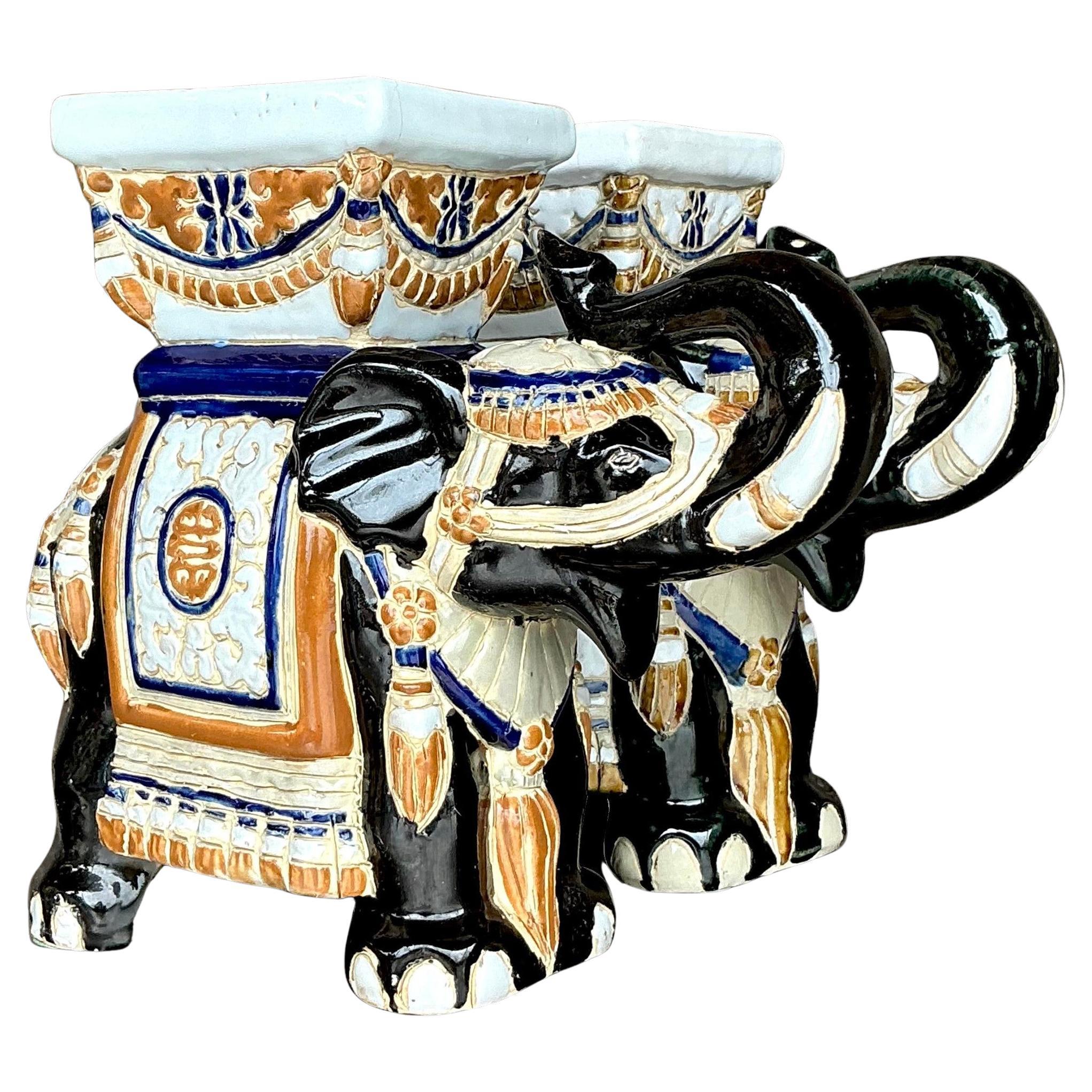 Vintage Boho Glazed Ceramic Elephant Planters - Set of 2