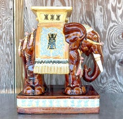 Vintage Boho Glazed Ceramic Elephant Stool