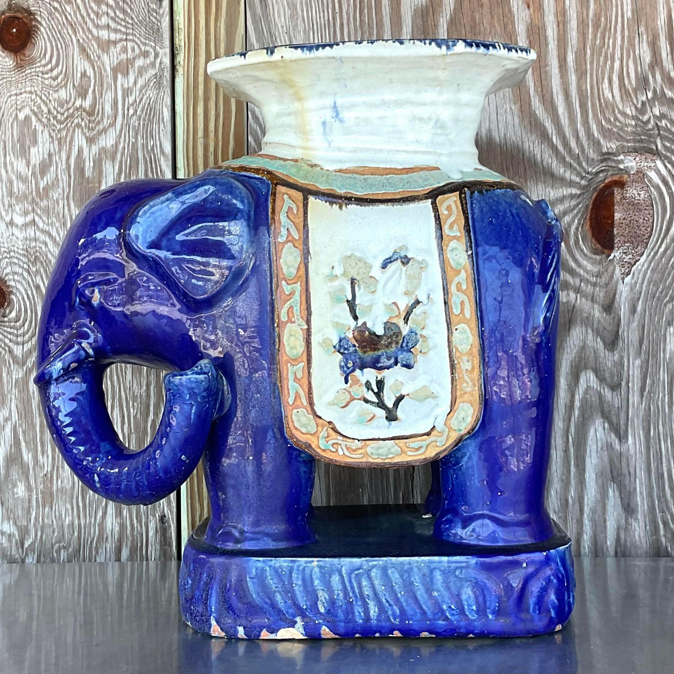 Bohemian Vintage Boho Glazed Ceramic Elephant Stool For Sale