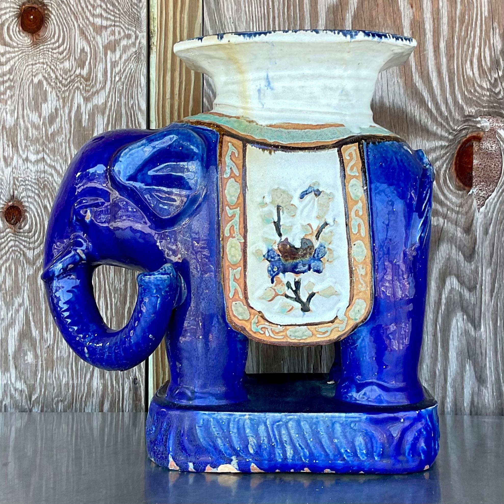 North American Vintage Boho Glazed Ceramic Elephant Stool For Sale