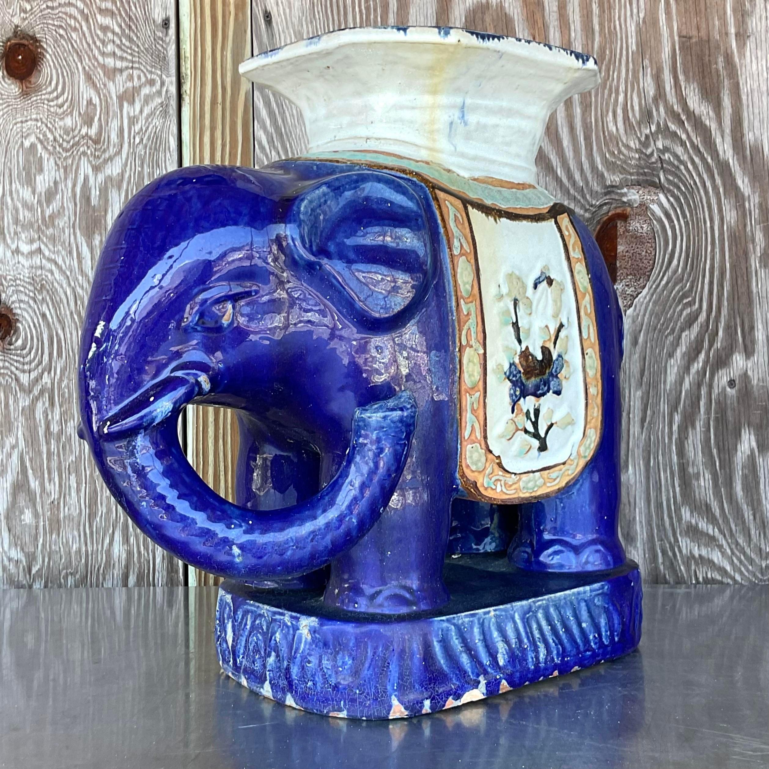 Vintage Boho Glazed Ceramic Elephant Stool In Good Condition For Sale In west palm beach, FL