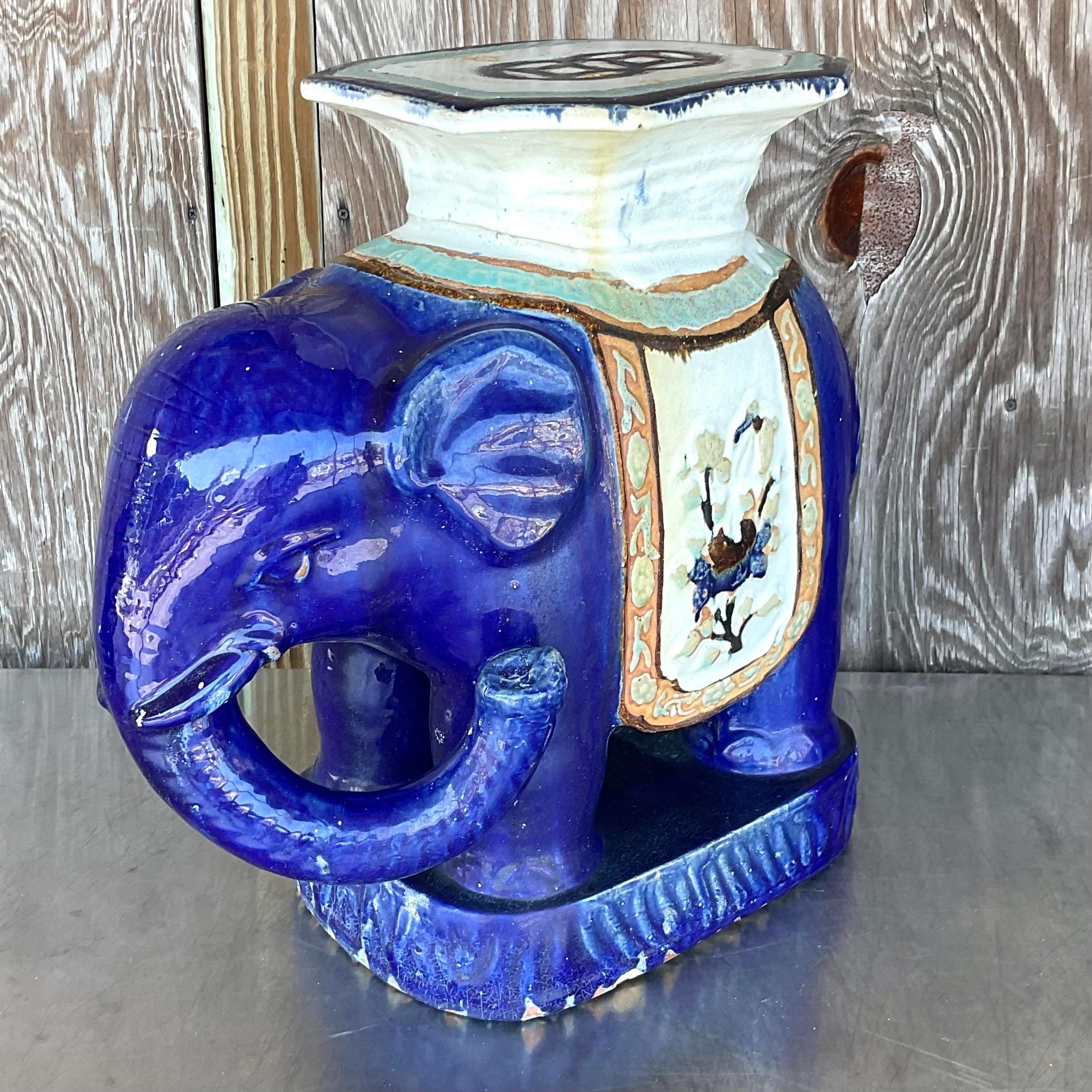 20th Century Vintage Boho Glazed Ceramic Elephant Stool For Sale