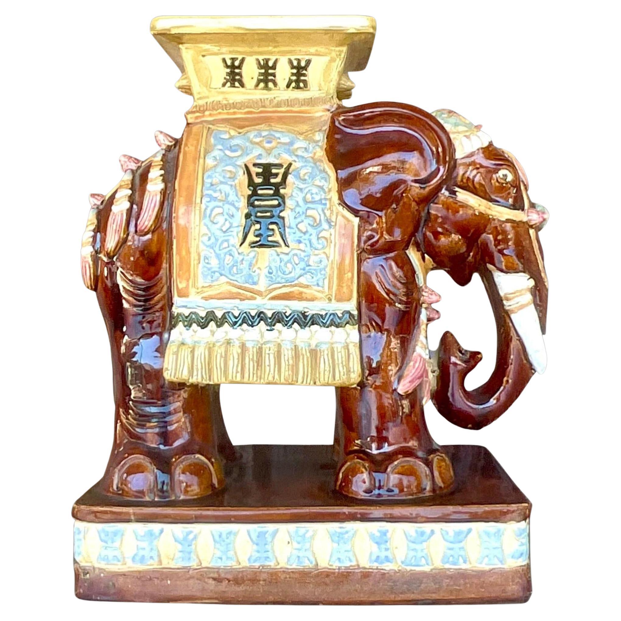 Vintage Boho Glazed Ceramic Elephant Stool