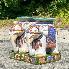 Paire de tabourets éléphants vintage en céramique émaillée Boho