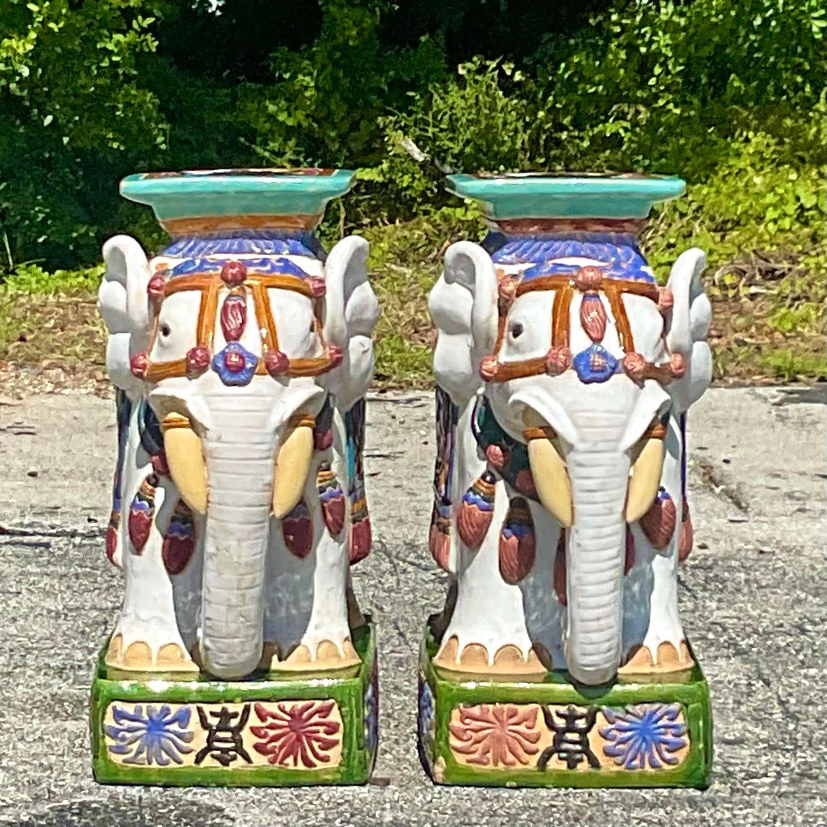 American Vintage Boho Glazed Ceramic Elephant Stools - a Pair