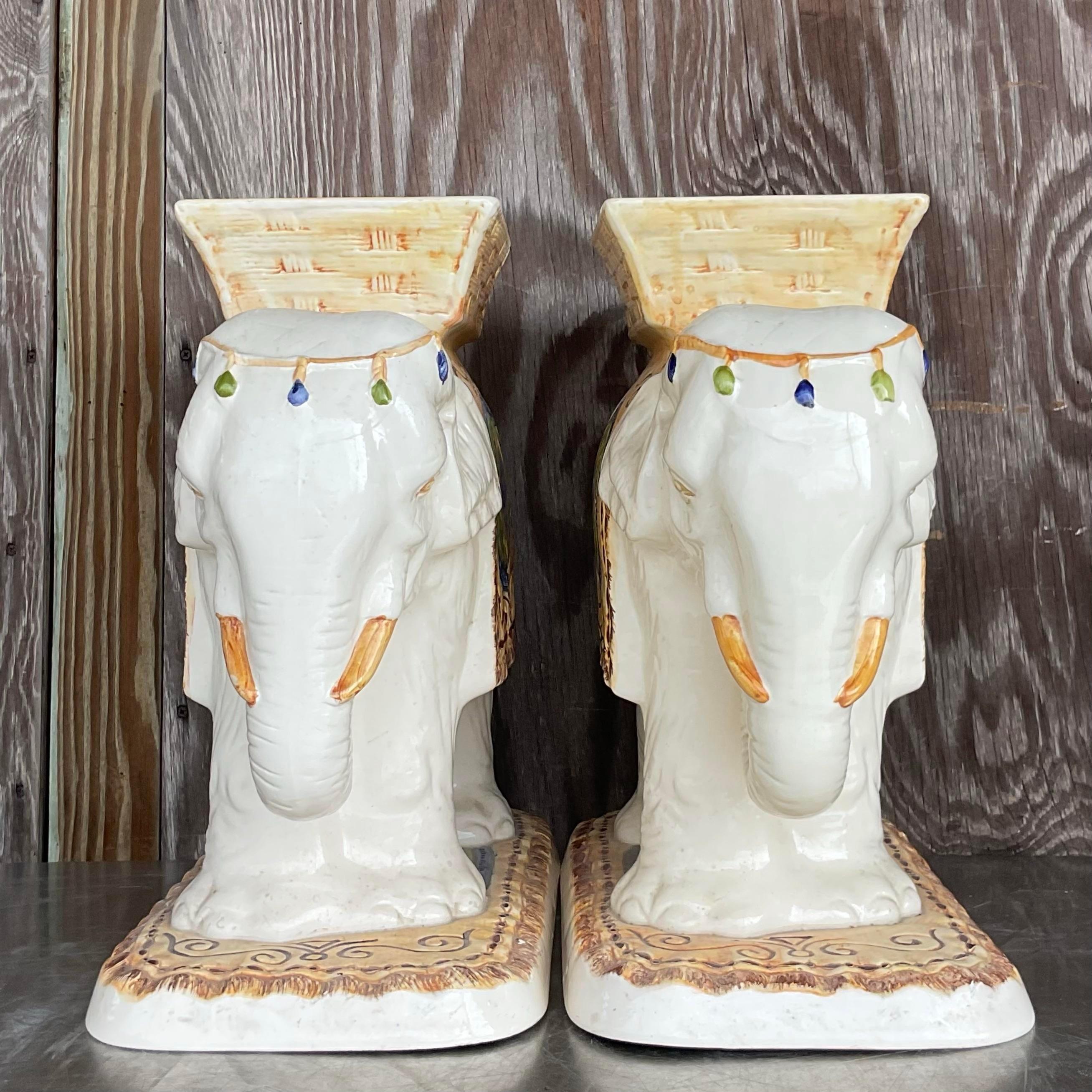 Vintage Boho Glazed Ceramic Elephant Stools - a Pair In Good Condition For Sale In west palm beach, FL