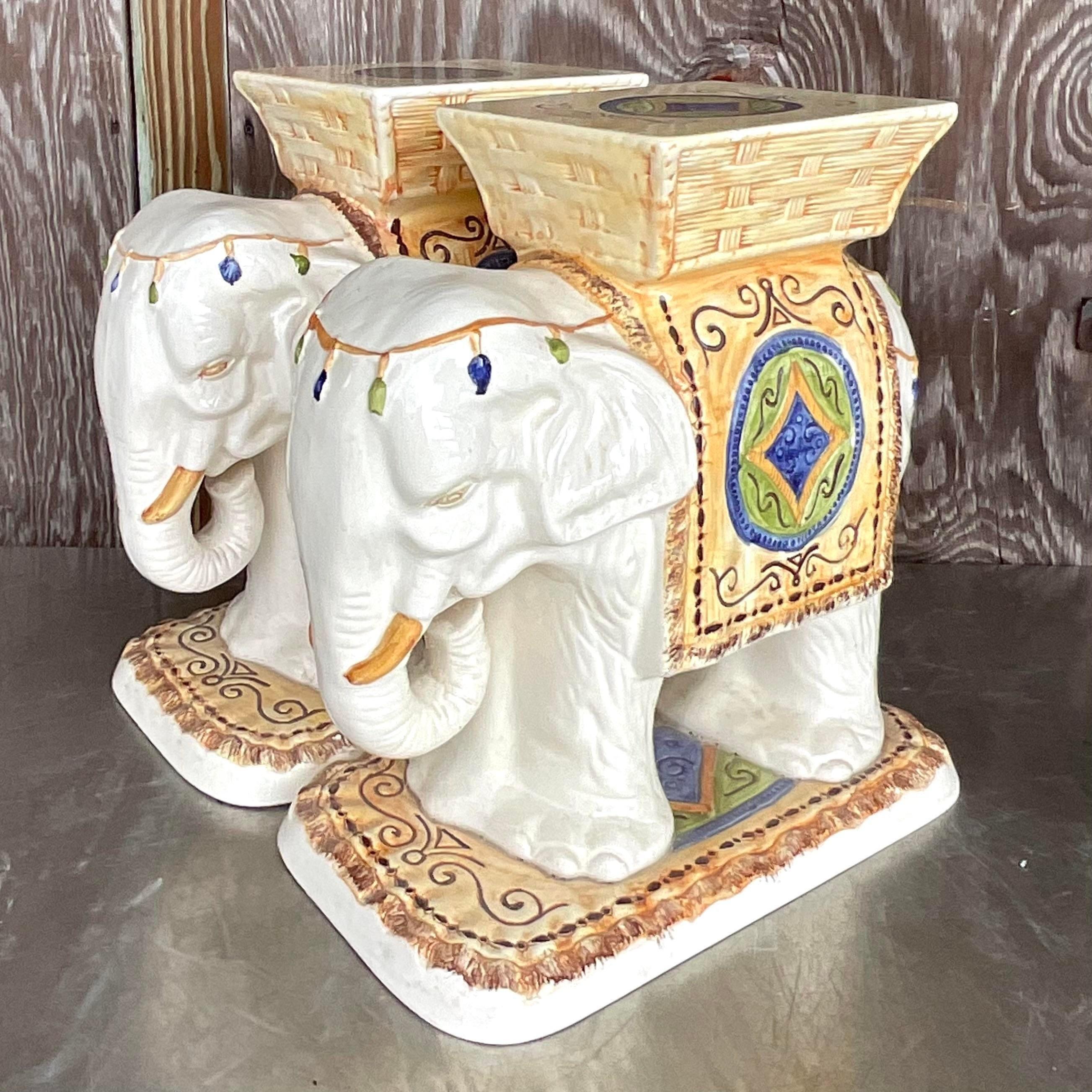 Vintage Boho Glazed Ceramic Elephant Stools - a Pair For Sale 1