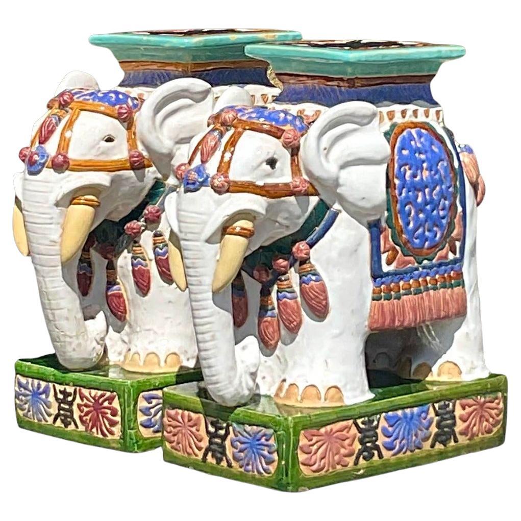 Vintage Boho Glazed Ceramic Elephant Stools - a Pair