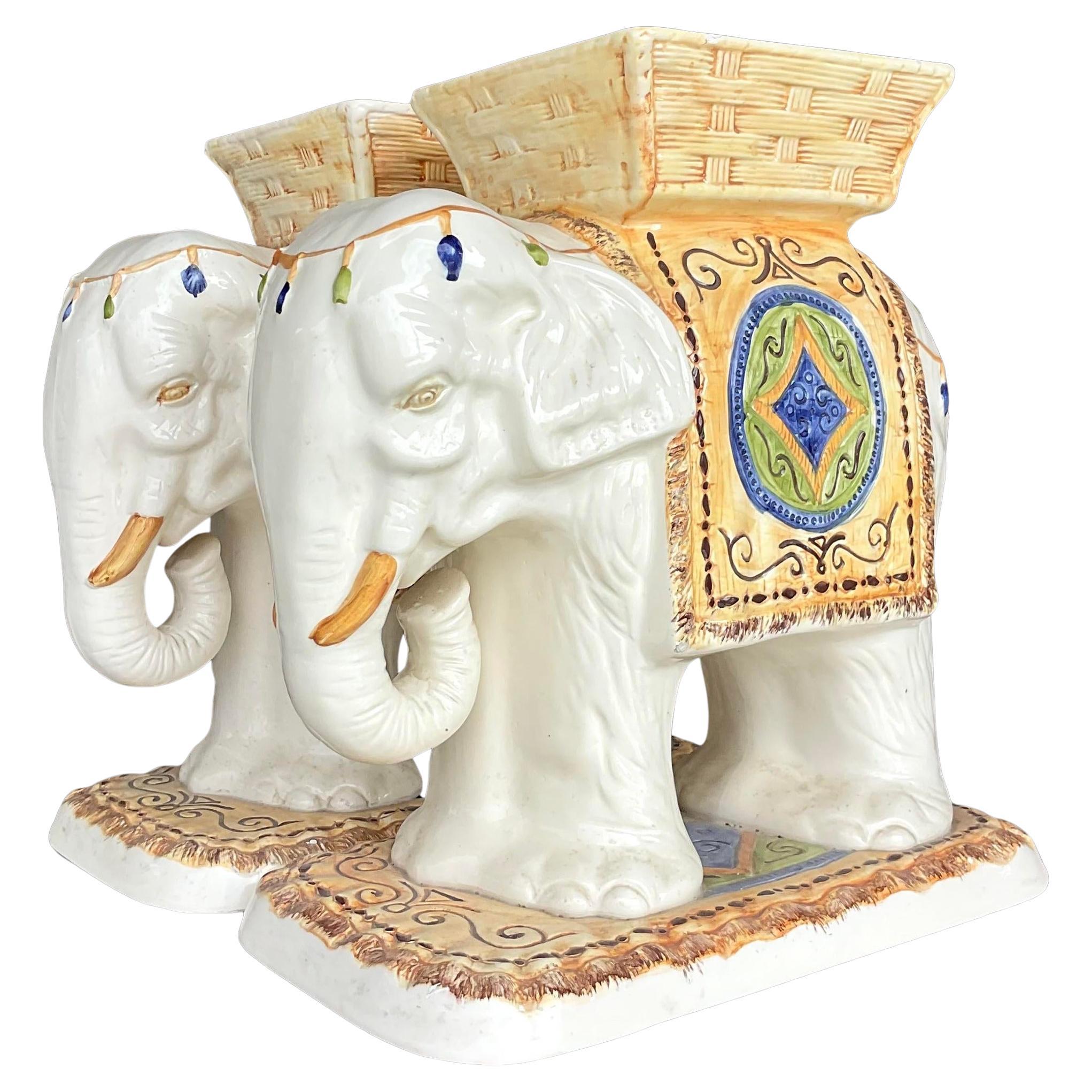 Vintage Boho Glazed Ceramic Elephant Stools - a Pair For Sale