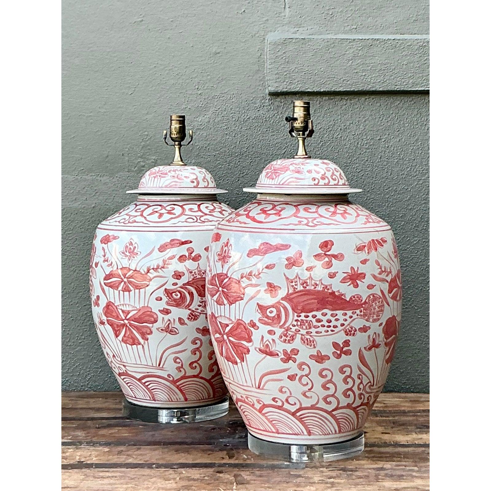 Vintage Boho glasierte keramische Fischlampen - ein Paar (Chinoiserie) im Angebot