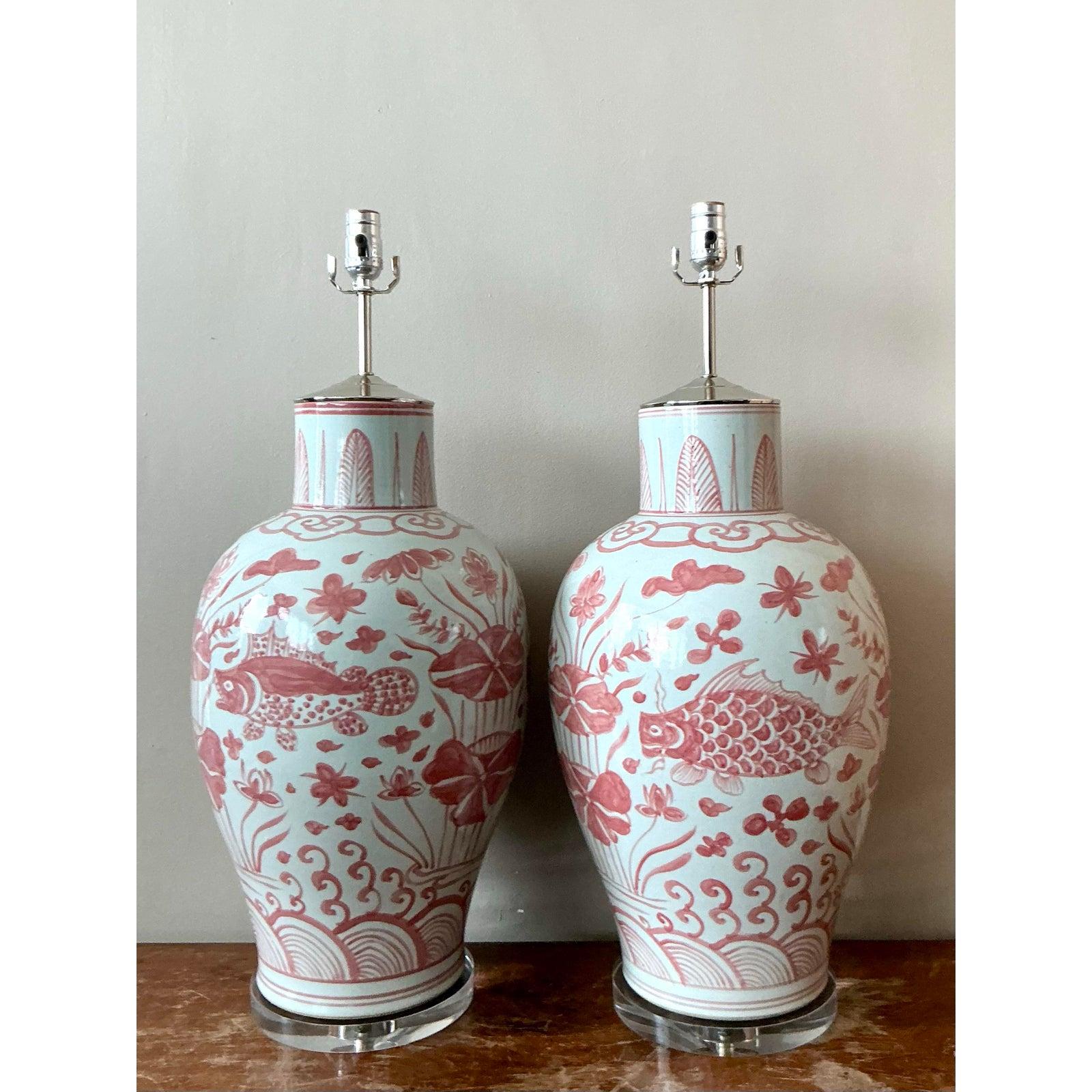 Americano Lampade a forma di pesce in ceramica smaltata vintage Boho - Una coppia in vendita