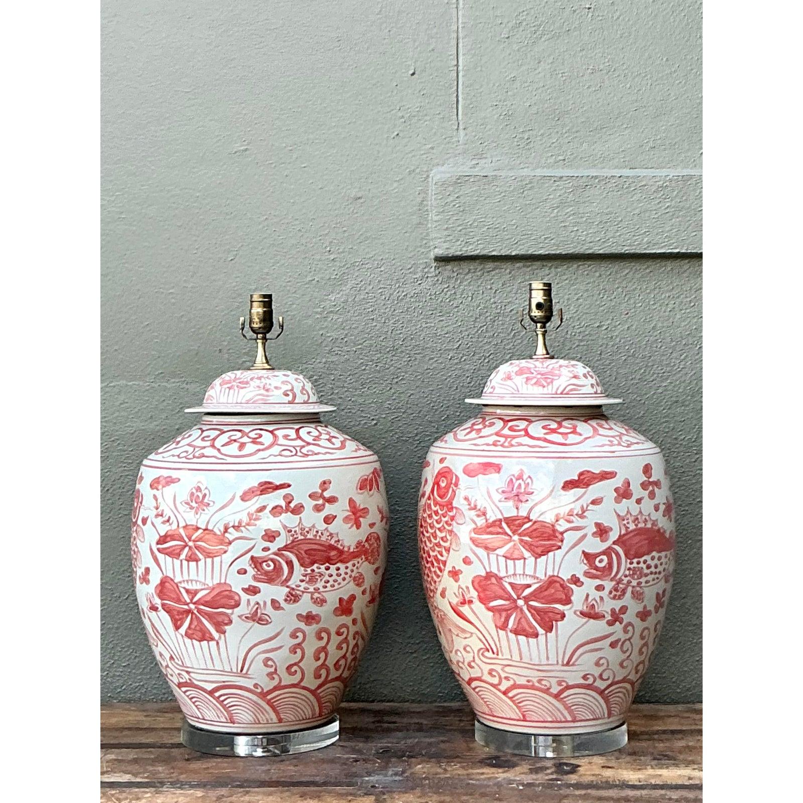 Vintage Boho glasierte keramische Fischlampen - ein Paar (20. Jahrhundert) im Angebot